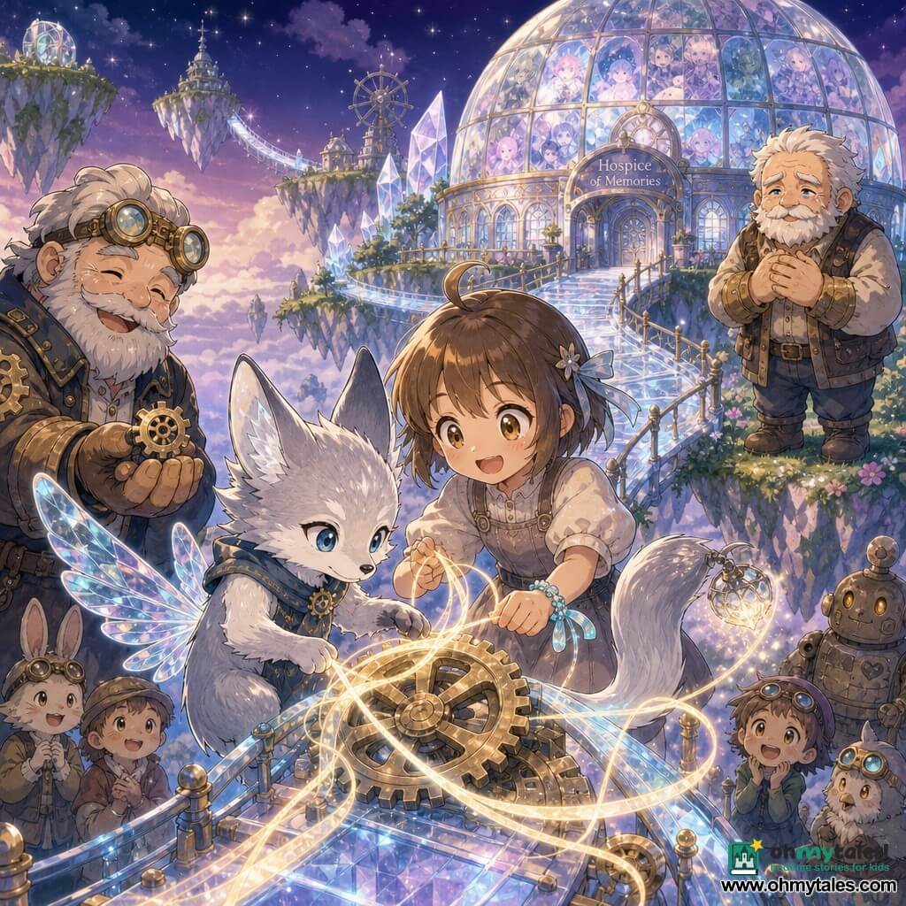 Aurel, a small winged science-fantasy fox with silvery fur, glasslike wings and a glowing lantern-tail, wraps a ribbon of light around a large brass gear with gentle determination; Mina, an ~8-year-old human girl with bright eyes and a smile, stands behind him wearing a light ribbon on her wrist and holding a small roll, helping guide the luminous thread; Grandfather Birch, an elderly toy-boat carver with thick hands, watches from his islet garden with a relieved, moist-eyed look toward the repaired bridge; Old Jor, the machine keeper, rotund with brass goggles and oil-stained jacket, hands a ticking small gear to Aurel from the left. The setting: floating islets above a sea of clouds, a round hospice house carved from memory-reflecting crystal, silver-light bridges between islets and a starry twilight sky. Main scene: Aurel and Mina stitch a luminous composite bridge where memory-thread intertwines with a shining gear, the bridge budding ribbons of light as nearby islanders watch in wonder. Visual style: soft pastels and neon, crystal textures, light steampunk details, manga-expressive faces, warm magical atmosphere.