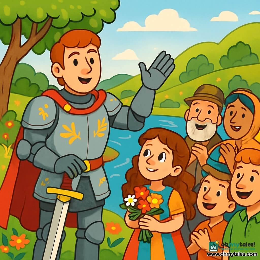 A brave knight named Sir Cedric, a man around 30 years old, wears shining armor adorned with floral patterns. His face is gentle and determined, with sparkling kind eyes. He stands on the bank of a river, raising a hand in a sign of peace, while a warm smile lights up his face. Beside him, a 10-year-old girl in a colorful dress watches with admiration. She has long curly hair and curious eyes, holding a bouquet of flowers she just picked from the shore. The scene is picturesque: a sparkling river with crystal-clear waters, surrounded by lush hills and vibrant flowers. Majestic trees line the riverbank, their leaves gently dancing in the breeze. The main situation shows Sir Cedric addressing the gathered villagers, seeking to resolve their dispute with wisdom and gentleness. The villagers, of all ages, listen attentively, their faces marked by hope and enthusiasm, ready to build a bridge and share the beauty of the river.