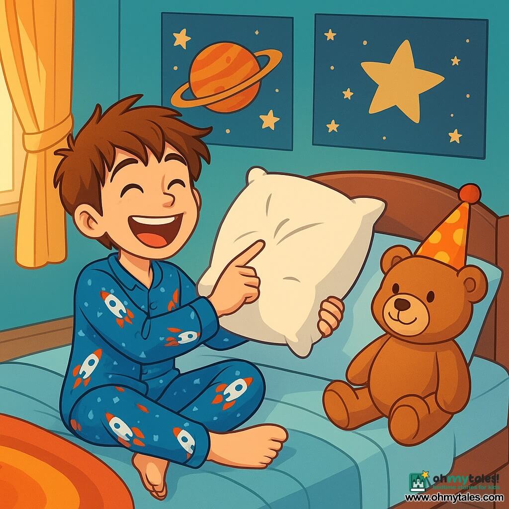 A 12-year-old boy named Max, with tousled brown hair and sparkling mischievous eyes, is lying on his bed with a big smile. He wears blue pajamas with rocket patterns and holds a fluffy pillow that makes a squeaking sound. Next to him, a smiling teddy bear sits with a small clown hat, as if attending a show. The room is decorated with posters of planets and stars, and a soft, colorful rug covers the floor. Soft light filters through the curtains, creating a warm and inviting atmosphere. Max, in a joyful pose, is telling a joke to his pillow, ready to burst into laughter. The pillow, with a soft texture and a playful expression, seems to respond to his words, adding a touch of magic to the scene.