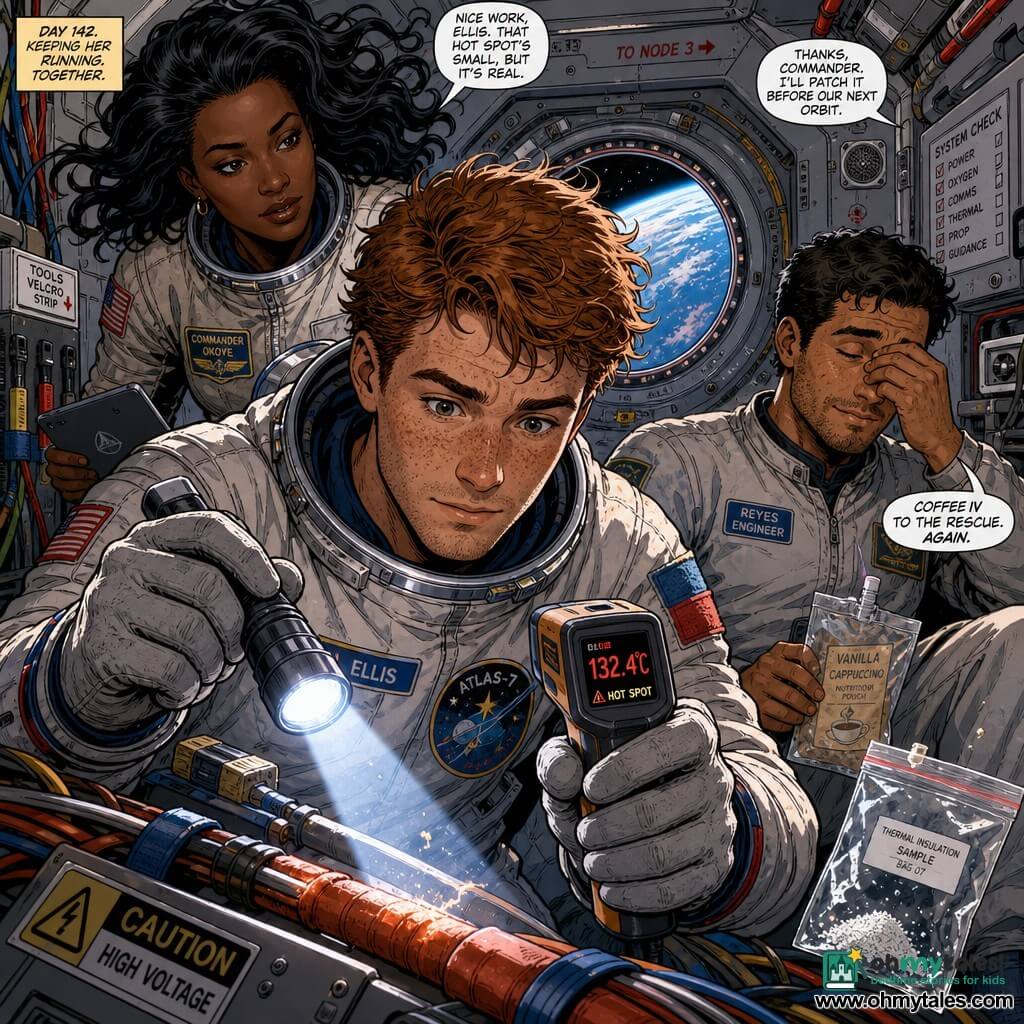 A young male astronaut, about 28, freckled, attentive and kindly with slightly furrowed brows, wearing a slightly worn white spacesuit with colored velcro, thick gloves and a small mission patch, holding a flashlight and an infrared thermometer inspecting a warm thin cable; a female commander, about 40, black hair floating, calm and authoritative, holding a tablet and looking over his shoulder from just behind left; a male engineer, about 30, brown hair, tired but relieved, seated slightly aft to the right rubbing his eyes and holding a floating space-food pouch; interior of a narrow high-tech space station with light-gray metal walls, rows of colored cables, labeled panels, velcro fasteners, a small vent and a hatch with a porthole showing blue Earth; calm, precise technical inspection with bright light on the suspect cable, tiny dust or a small insulation fragment in a plastic bag, tethers and tools velcroed, collaborative safe atmosphere, cool instrument lighting contrasted with warm flashlight glow; graphic style: clean inking, bright high-contrast colors, detailed textures on suits and cables, expressive facial lines, dynamic slight low-angle composition.