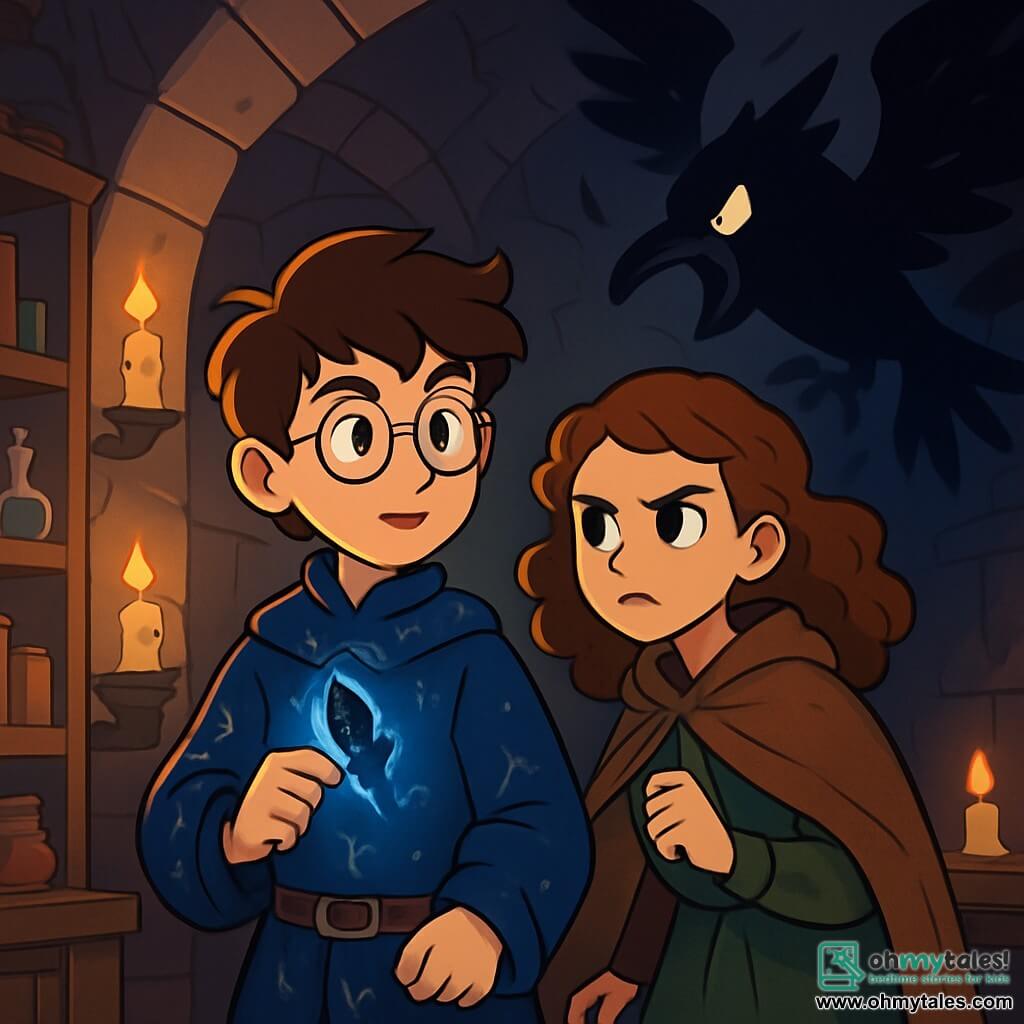 Dorian Finch, a twelve-year-old apprentice wizard, stands in the center of a mysterious chamber, his eyes shining with curiosity and excitement. He wears a midnight blue velvet tunic adorned with silver patterns and holds a small obsidian feather charm in his hand, ready to use it. Beside him is Mira, a girl his age with curly hair and a determined look, wearing a worn fabric cloak and watching Dorian closely, ready to assist him in his quest. Their environment is an underground chamber lit by flickering candles, with shelves filled with old grimoires and colorful potions. Shadows dance on the stone walls, creating a magical and mysterious atmosphere. The main situation shows Dorian and Mira preparing to confront a bird of darkness emerging from the shadows, symbolizing their fears. Dorian, focused and brave, is about to use his charm to reveal the hidden truth behind this threatening creature.