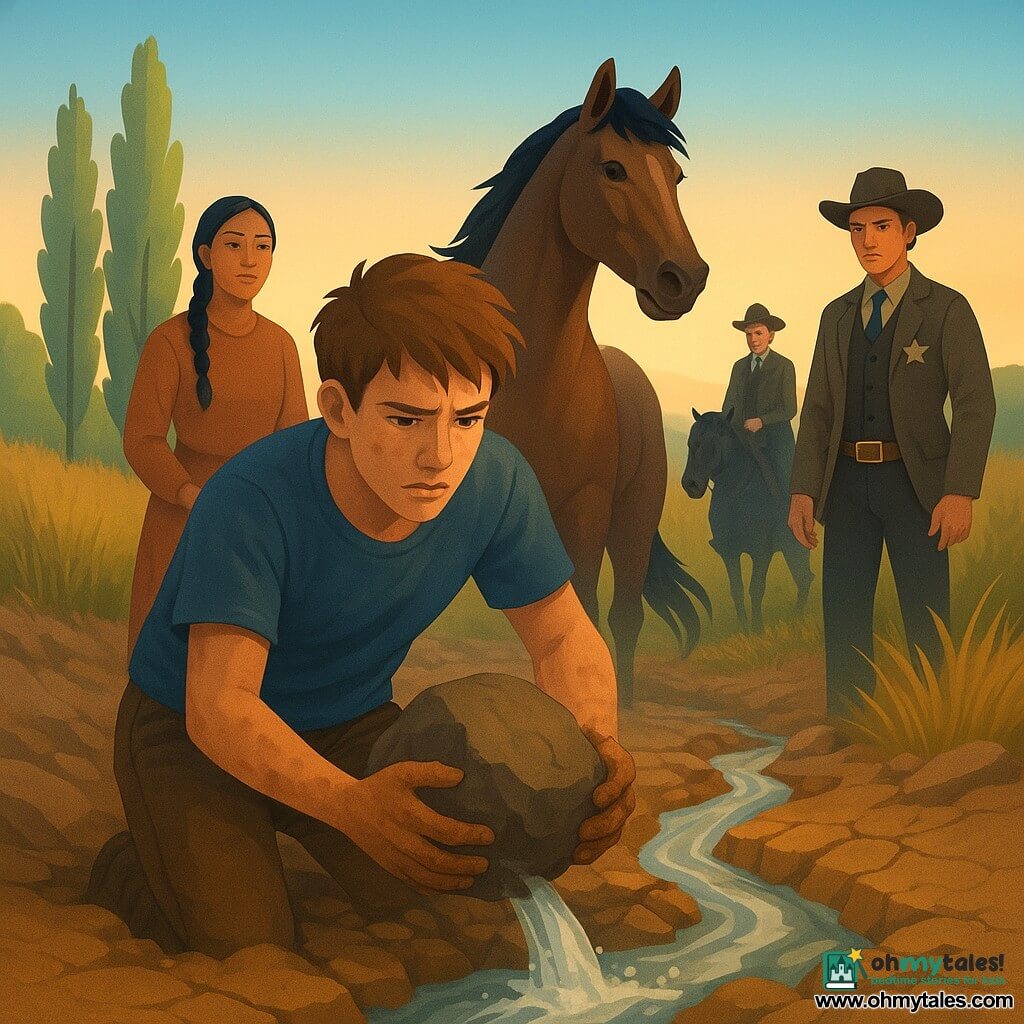 Luke, a 16-year-old boy with a dusty, focused face and dirty hands, lifts a large stone from the diversion—determined but slightly trembling; Comet, the big bay horse, snorts and stands just behind him with ears pricked and tense muscles; Aiyana, about 35, copper-skinned with a dark braid, stands a few meters left near the poplars, calm and relieved, watching Luke kindly; Deputy Sheriff Sloane, about 32, wearing a hat and utility vest, stands to the right, upright and protective with a firm expression and hand near her holster; Mr. Hargrove, about 45 in a dirty suit with a proud air, sits on a black horse in the background right, looking upset. The setting is a dry stream bed with a fresh trench and stacked stones, cracked ground, tall golden grasses, a row of green poplars and a wide sky in warm morning light. The main action: water surges back toward the original channel, a shiny muddy flow returning—a visual of justice restored, tense but hopeful. Graphic style: softly saturated colors, smooth gradients, light paper textures and clear, child-friendly composition.
