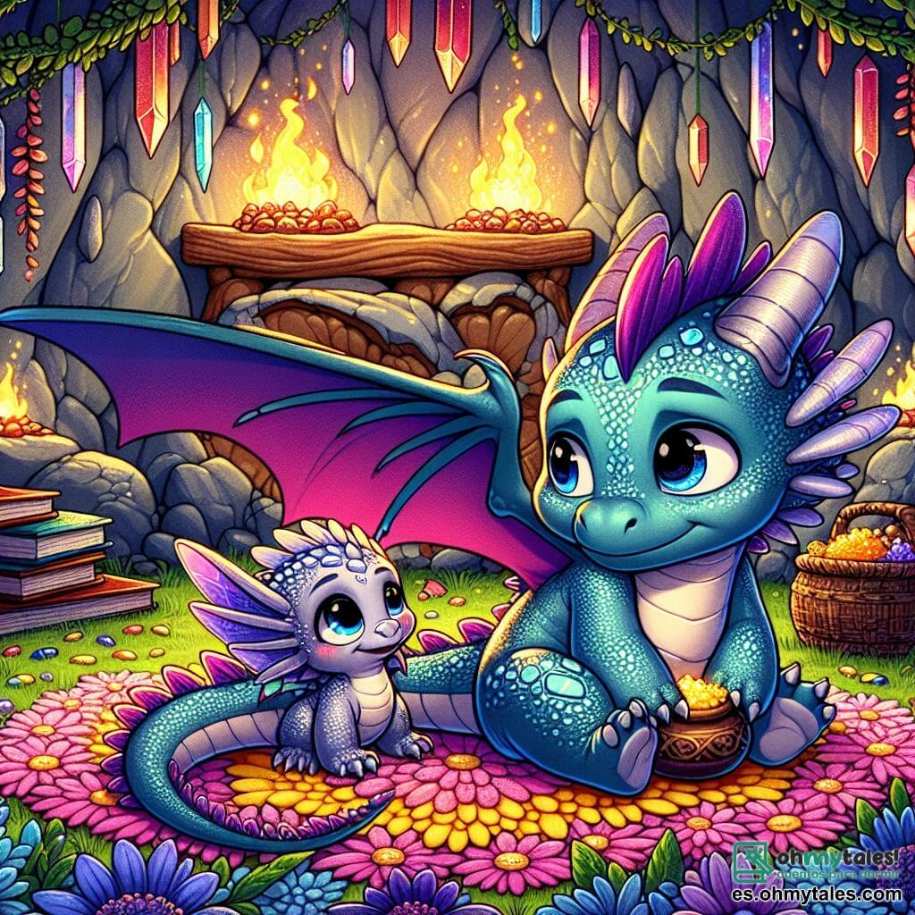 Tuli, un pequeño dragón de escamas azules brillantes, está sentado sobre una alfombra de flores coloridas, con una expresión de curiosidad y esperanza en su rostro. Sus grandes alas están desplegadas detrás de él, tocando suavemente el suelo. A su lado, Lila, su hermana dragona de escamas rosas y ojos chispeantes, mira a Tuli con una expresión traviesa, sosteniendo un pequeño tarro de miel en sus patas delanteras. Ella sonríe, un poco culpable, mientras se esconde detrás de una gran roca. En el fondo, la cueva acogedora está adornada con cristales brillantes que reflejan la luz, y libros coloridos están esparcidos a su alrededor, creando un ambiente cálido y mágico. La situación principal muestra a Tuli y Lila conversando, con Tuli intentando encontrar las palabras para disculparse tras su disputa, mientras Lila, un poco tímida, se prepara para ofrecerle el tarro de miel para hacer las paces.