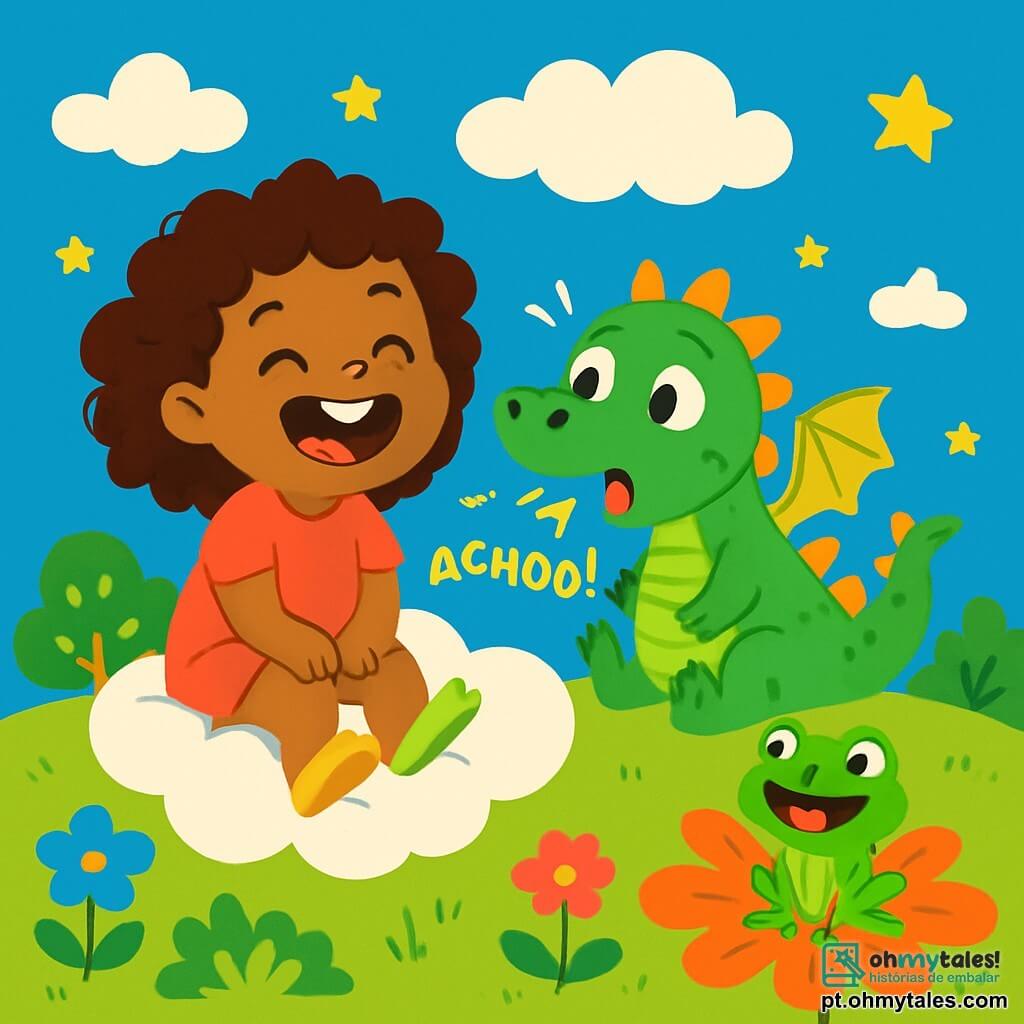 Uma menina de 2 anos, com lindos cabelos cacheados e um grande sorriso travesso, está sentada em uma nuvem macia, rindo alto. Ao lado dela, um pequeno dragão verde com escamas brilhantes, grandes olhos redondos e um sorriso alegre, acorda espirrando. Uma rã amigável, com pele verde brilhante e olhos cintilantes, está em uma flor gigante, rindo da situação. O céu é de um azul radiante, com nuvens brancas fofas, e estrelas brilham suavemente. Abaixo, um jardim encantado, cheio de flores coloridas e árvores com frutos brilhantes, se estende até onde a vista alcança. A menina e seus amigos estão acordando heróis adormecidos contando piadas engraçadas, criando uma atmosfera alegre e cheia de risos.