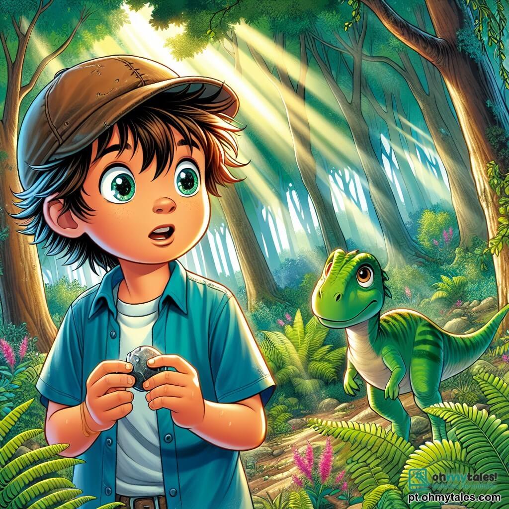 Um garoto de 12 anos, Miguel, com cabelos castanhos bagunçados e olhos brilhantes de curiosidade, está no meio de uma floresta densa, seu rosto iluminado por admiração e um leve sorriso. Ele usa uma camiseta azul e um velho boné, segurando uma pedra brilhante na mão, enquanto observa um pequeno dinossauro herbívoro, com pele verde e olhos suaves, que está a poucos passos dele, curioso e amigável. A floresta é exuberante, cheia de árvores gigantes com troncos grossos e folhas verdes vibrantes, com raios de sol filtrando através da folhagem, criando sombras dançantes no chão coberto de samambaias e flores coloridas. A cena principal mostra Miguel, maravilhado e um pouco apreensivo, descobrindo este mundo pré-histórico, enquanto o dinossauro se aproxima lentamente, como se quisesse fazer amizade com ele.