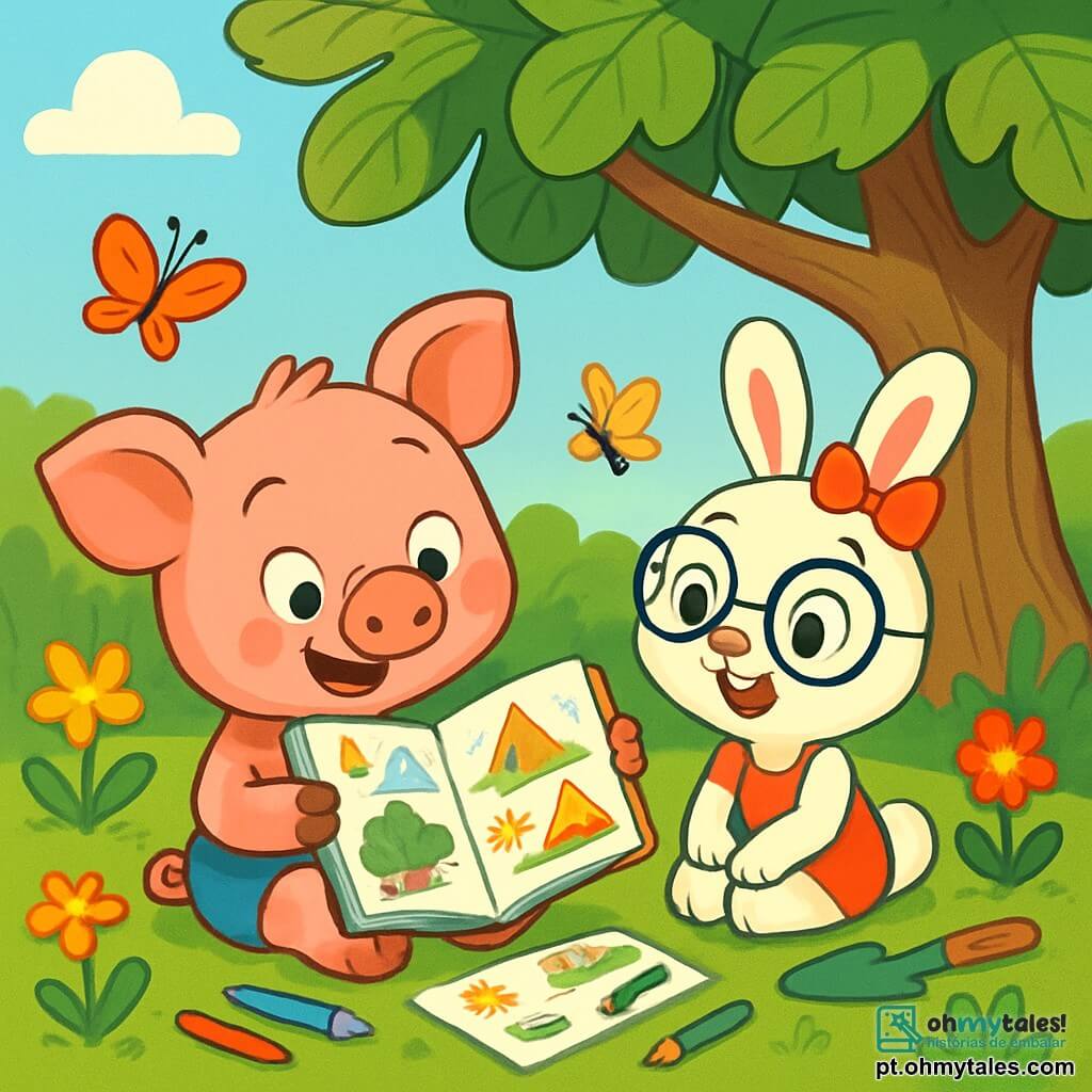 Um pequeno porquinho rosa, chamado Tomás, com grandes orelhas redondas e olhos brilhantes de curiosidade, está sentado sob uma velha figueira, sorrindo entusiasticamente enquanto segura um caderno de desenhos cheio de esboços coloridos. Ao seu lado, sua melhor amiga, uma coelhinha branca chamada Rita, com óculos redondos e um laço vermelho nas orelhas, olha para o caderno com admiração, seus olhos brilhando de excitação. O local é um jardim ensolarado, cheio de flores vibrantes, borboletas voando e um gramado verdejante, com uma grande figueira oferecendo sombra. A cena principal mostra Tomás e Rita planejando suas aventuras de verão, cercados por lápis de cor, folhas e pequenas ferramentas de jardinagem, prontos para criar um vulcão de lama e explorar o mundo ao seu redor.