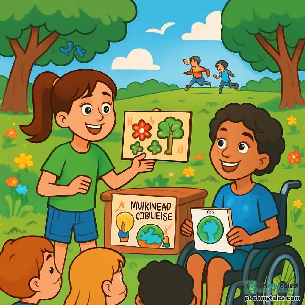 Há 2 personagens principais: - Sofia: Uma menina de 10 anos com longos cabelos castanhos presos em um rabo de cavalo. Ela usa uma camiseta verde vibrante e um short jeans. Sofia segura um pequeno cartaz de papelão com desenhos de flores e árvores, sorrindo entusiasticamente. - Ana: Uma menina de 10 anos, sentada em uma cadeira de rodas. Ela tem cabelos curtos e cacheados e usa uma camiseta azul com estampas de folhas. Ana olha para Sofia com um grande sorriso, segurando um lápis e um caderno de esboços em seu colo. O cenário principal é um parque verdejante, repleto de flores coloridas e árvores majestosas. O céu é de um azul brilhante, com algumas nuvens brancas e fofas. Crianças brincam ao longe e pássaros cantam nos galhos. No centro, uma grande mesa de madeira é decorada com desenhos sobre mudanças climáticas, cercada por jovens crianças curiosas. A situação principal da história mostra Sofia e Ana, determinadas, apresentando seu projeto sobre proteção ambiental a um grupo de crianças. Sofia explica com paixão, enquanto Ana mostra seus esboços inspiradores. A atmosfera é alegre e cheia de energia, ilustrando a importância de cuidar do planeta.