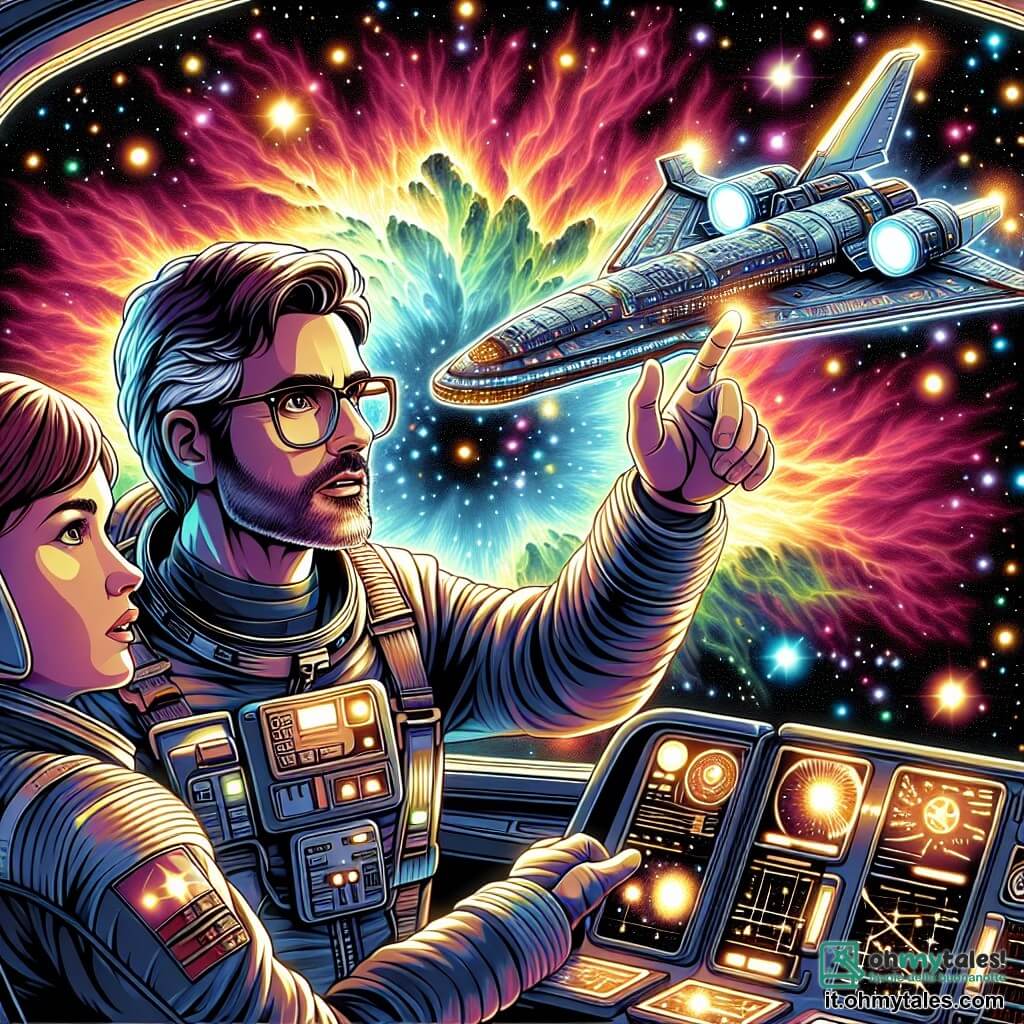 Al centro dell'immagine, il personaggio principale, il dottor Leonardo Ferri, è un uomo di mezza età con capelli brizzolati e occhiali che scivolano sul naso. Ha uno sguardo di meraviglia ed eccitazione mentre osserva una magnifica nebulosa colorata attraverso il finestrino della sua navetta spaziale. Indossa una tuta spaziale futuristica, decorata con luci scintillanti. Alla sua destra, la capitana Sara Moretti, una donna di circa 30 anni con capelli corti e castani, è concentrata sui comandi della console. Indossa una tuta da pilota elegante e guarda attentamente gli schermi, pronta a dare ordini. Sullo sfondo, la navetta "Stella Nova" fluttua maestosamente nello spazio, circondata da nuvole di gas multicolore della Nebulosa di Orione, illuminata da stelle brillanti che scintillano nell'immensità nera dell'universo. La scena principale mostra Leonardo e Sara in piena esplorazione, con Leonardo che indica un curioso segnale luminoso proveniente dalla nebulosa, mentre lampi colorati danzano attorno a loro, creando un'atmosfera magica e misteriosa.
