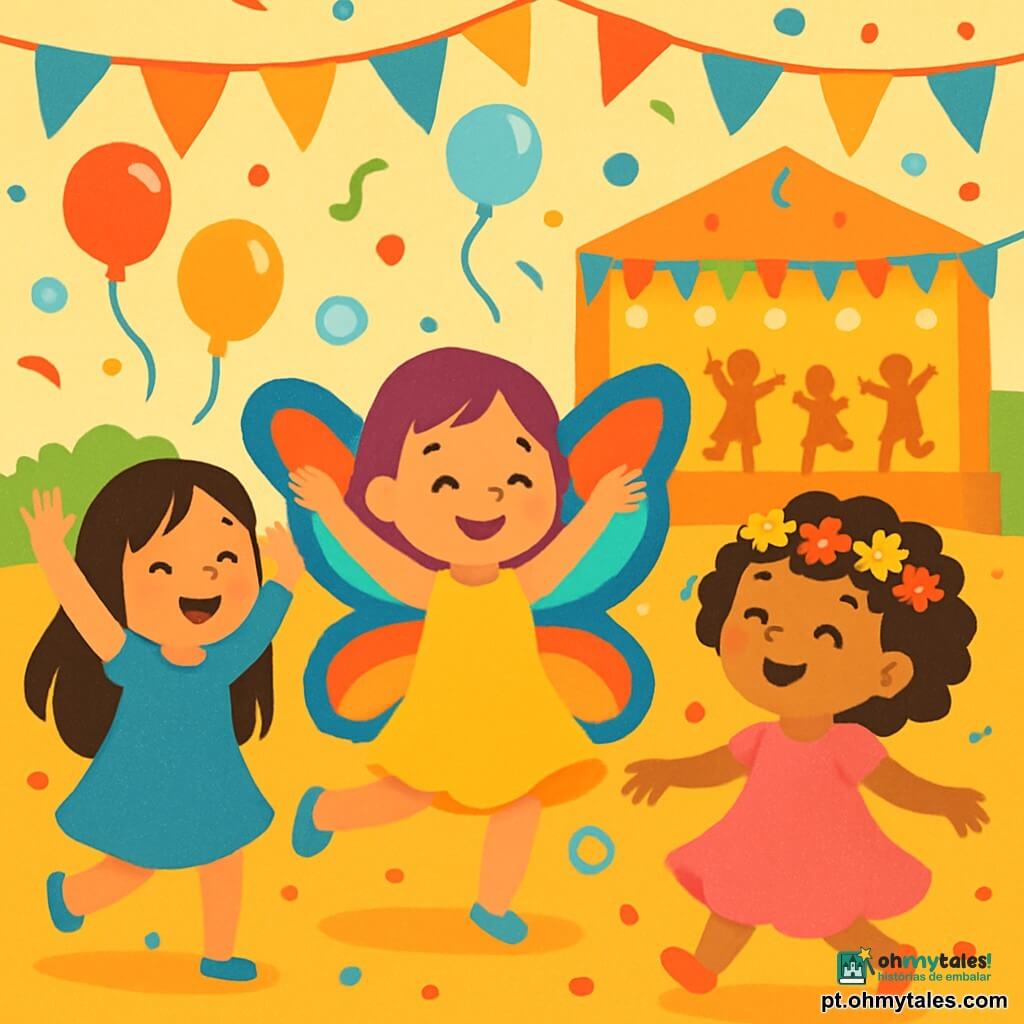 Há 3 personagens: Lila, uma menina de 4 anos com grandes asas de borboleta coloridas, vestida com um vestido amarelo brilhante, dança alegremente no centro do palco; Bela, uma menina de 4 anos com cabelos cacheados e uma coroa de flores na cabeça, usa um vestido rosa cintilante e gira à direita de Lila; Nena, uma menina de 4 anos com cabelos longos e brilhantes, veste um vestido azul cintilante e está à esquerda de Lila, levantando os braços para o céu e rindo. O local é uma praça animada, cheia de decorações coloridas: bandeirinhas multicoloridas flutuam ao vento, confetes caem suavemente e balões redondos e brilhantes dançam no ar. Ao fundo, um palco é adornado com luzes vivas e crianças dançam ao redor, criando uma atmosfera festiva e alegre. A cena principal mostra as três meninas dançando juntas, cercadas de música e risos, com rostos radiantes de felicidade, enquanto bolhas de sabão flutuam ao seu redor, acrescentando um toque mágico a este carnaval colorido.