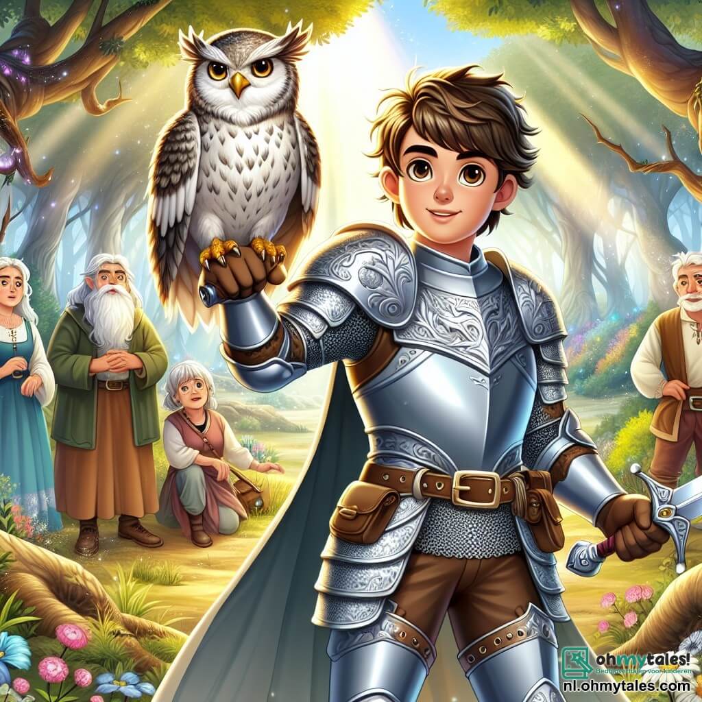 In het midden van de afbeelding staat een jonge man, Aric, afgebeeld als een dappere ridder. Hij heeft rommelig bruin haar, ogen die stralen van vastberadenheid en draagt een glanzende harnas versierd met drakenmotieven. Hij heft trots zijn zwaard, klaar om een groot gevaar onder ogen te zien, met een uitdrukking van moed op zijn gezicht. Naast hem zit een oude wijze uil, zittend op een tak, die de scène met scherpe ogen observeert. Ze heeft grijs-witte veren en lijkt klaar om Aric advies te geven. Iets verderop kijkt een groep dorpsbewoners, mannen en vrouwen van middelbare leeftijd, hoopvol en bewonderend, hun gezichten getekend door vermoeidheid maar verlicht door vastberadenheid. De achtergrond is een uitgestrekte open plek in het hart van een betoverd bos, met majestueuze bomen met groene bladeren en zonnestralen die door de takken filteren. Kleurrijke bloemen bedekken de grond en een lichte magische mist hangt in de lucht. De belangrijkste scène toont Aric die zich voorbereidt om het enorme zwarte draak te confronteren dat uit een donkere grot op de achtergrond tevoorschijn komt en vlammen spuugt. De sfeer is gespannen, gevuld met een mix van angst en opwinding, terwijl het lot van de wereld op de schouders van de jonge ridder rust.