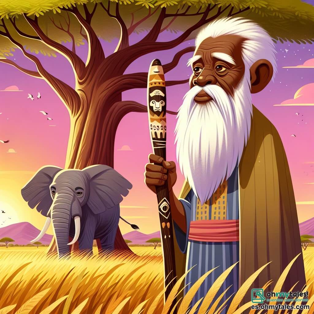 Un hombre anciano, Baba Kofi, se encuentra bajo un gran baobab, con un rostro arrugado y sabio, ojos profundos como lagos tranquilos, y una barba blanca que le llega hasta el pecho. Muestra una determinación suave, sosteniendo un bastón tallado con motivos de animales, mientras mira al cielo, como si escuchara los susurros del viento. A su lado, un majestuoso elefante, guardián de la sabana, se mantiene orgulloso, con grandes orejas y una piel gris marcada por el tiempo. Observa atentamente a Baba Kofi, listo para ofrecerle su ayuda. El escenario es una vibrante sabana africana, bañada por la luz dorada del sol poniente, con hierbas altas ondeando suavemente al viento y siluetas de árboles que se extienden hasta el horizonte. Al fondo, se ven montañas lejanas y un cielo salpicado de nubes rosas y violetas. La situación principal muestra a Baba Kofi escuchando el viento, mientras el elefante está a su lado, simbolizando la unión entre el hombre y la naturaleza, buscando entender el desequilibrio de la sabana y listos para restaurar la armonía perdida.