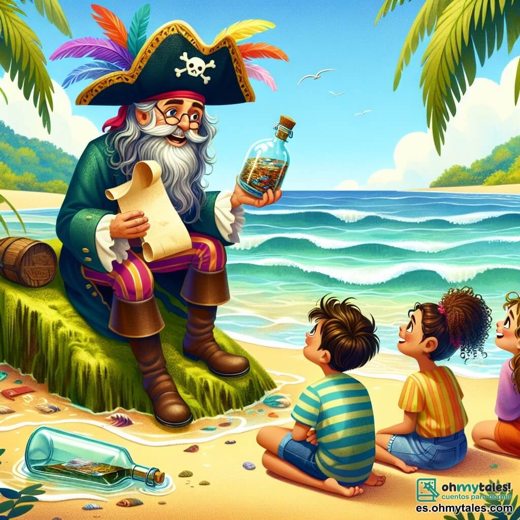 En el centro de la imagen, un viejo pirata llamado Don Ramón, un hombre de unos 60 años, está de pie sobre una roca cubierta de musgo, con una larga barba gris y un gran sombrero de pirata adornado con plumas de colores. Su rostro expresa sabiduría y aventura, mientras sonríe cálidamente a los niños que lo escuchan. Sostiene una jarra de ron en una mano y un viejo pergamino en la otra, listo para contar una nueva historia. A su lado, Sofía, una niña de 10 años con cabello castaño y rizado, está sentada en una piedra, con los ojos brillantes de emoción. Lleva una camisa colorida y un short de mezclilla, escuchando atentamente cada palabra de Don Ramón. Un poco más lejos, Miguel, un niño de 9 años con gafas y una camiseta a rayas, está de pie con los brazos cruzados, mostrando una expresión de curiosidad e impaciencia, listo para hacer preguntas. El escenario es una playa soleada, con palmeras meciéndose suavemente al viento, olas cristalinas que llegan a la arena dorada, y una botella flotante medio enterrada en la arena, presagiando una nueva aventura. La situación principal muestra a Don Ramón contando una historia cautivadora a los niños, transportándolos a un mundo de piratas, tesoros escondidos y valentía, mientras el sol se pone en el horizonte, tiñendo el cielo de colores cálidos y dorados.