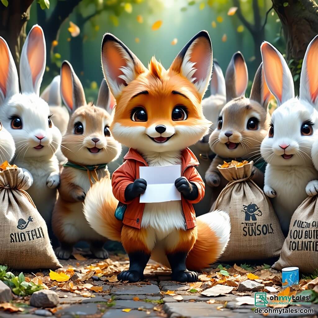 Ein kleiner Fuchs namens Felix mit strahlend rotem Fell und neugierigen Augen steht im Mittelpunkt der Szene, lächelt und hebt eine Pfote, um ein Stück Papier zu zeigen, das er gerade aufgehoben hat. Zu seiner Rechten springt eine Gruppe fröhlicher Kaninchen mit großen Ohren und weiß-braunem Fell um ihn herum, ihre Gesichter strahlen vor Stolz und Aufregung, während sie Säcke voller Abfall halten. Im Hintergrund beobachtet eine weise Eule mit braunen Federn und großen runden Augen, die auf einem Ast sitzt, die Szene mit einem zustimmenden Blick und ist bereit, die anderen Tiere zu ermutigen. Der Ort ist ein wunderschöner, grüner Wald mit majestätischen Bäumen mit glänzenden Blättern, einem klaren Bach, der durch die Landschaft schlängelt, und bunten Blumen, die den Boden bedecken und eine fröhliche und lebendige Atmosphäre schaffen. Die Hauptsituation zeigt Felix und seine Freunde, die den Wald reinigen, Abfälle sammeln und ihre Teamarbeit feiern, während die Sonne durch die Blätter scheint und ihre umweltfreundliche Mission mit goldenem Licht erhellt.