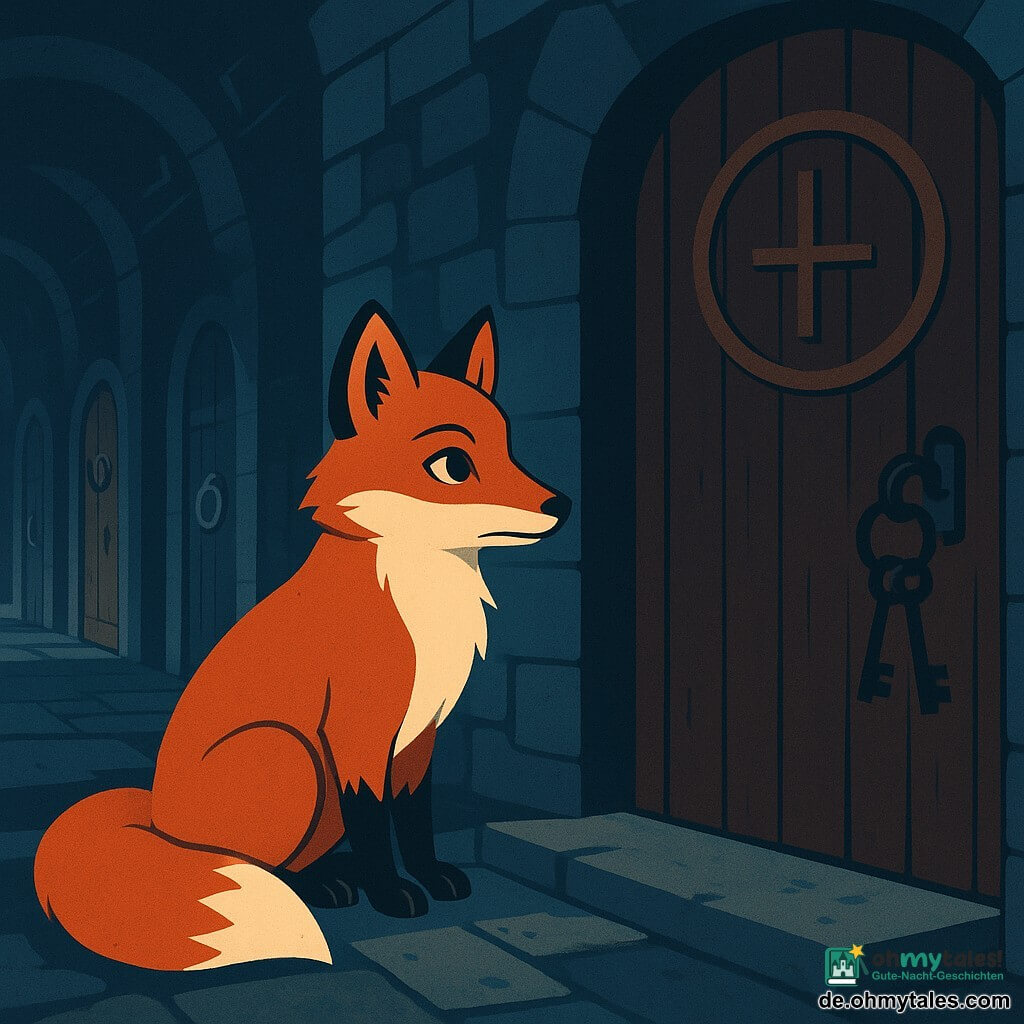 Fino, ein junger roter Fuchs mit dichtem Fell und neugierigen haselnussbraunen Augen, sitzt wachsam auf einer Steinstufe mit eingekringeltem Schwanz, die Haltung gerade, leicht aufgerichtetes Fell, entschlossener, ruhiger Blick; rechts eine massive dunkle Holztür mit eingraviertem Kreis, daneben ein alter Schlüsselbund aus schwarzem Knochen, ein Schlüssel steckt im Schloss, links im Hintergrund ein langer steinerner Flur mit mehreren Türen, jede mit anderem Klopfer (Metallring, Eisenklaue, Messingauge) und kleinen Rissen, aus denen kaltes Licht schimmert, einige Türen geben zitternde graue Schatten frei; hinter einer trüben Scheibe nahe der großen Tür deutet ein dünner, tintenartiger Schatten auf eine zurückweichende, scheue Silhouette; der Boden ist mit kalten Platten und dunklem Moos gesprenkelt, das Licht kommt diffus von oben und wirft lange klare Schatten, die Stimmung ist beunruhigend aber kontrolliert in Blaugrau- und Tiefbrauntönen mit leuchtenden Rotakzenten am Fuchs, klare Texturen, einfache Konturen und gut lesbare Formen im plakatischen Farbfeldstil, Komposition fokussiert auf den Blickaustausch zwischen Fuchs und verschlossener Tür.