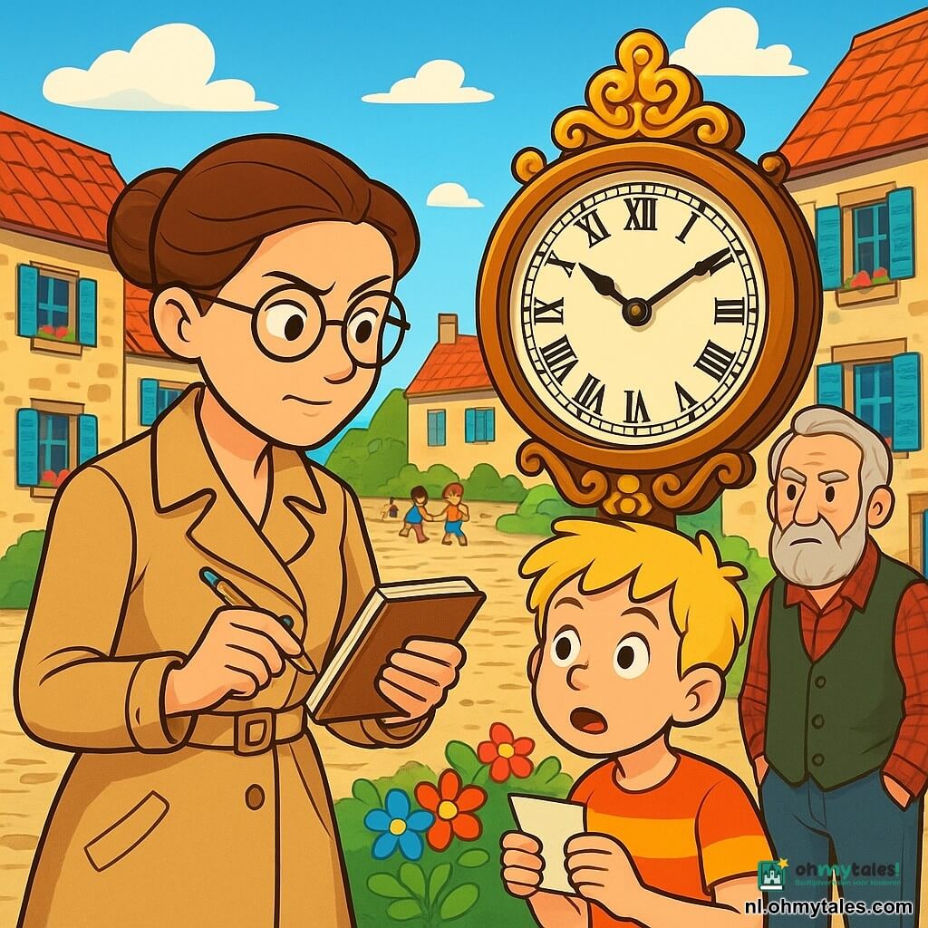 Een vrouwelijke detective, inspecteur Mara, staat centraal in de afbeelding. Ze heeft bruin haar dat in een nette knot is gestoken, draagt een beige trenchcoat en ronde bril die haar een slimme en vastberaden uitstraling geven. Haar gezicht toont concentratie en nieuwsgierigheid, met licht gefronste wenkbrauwen en een subtiele glimlach. Ze houdt een notitieboekje in de ene hand en een pen in de andere, terwijl ze aandachtig naar een oude klok kijkt. Naast haar staat een tienjarige jongen, Bram, met tousled blond haar en een kleurrijk T-shirt. Hij kijkt met grote ogen naar Mara, terwijl hij een klein stukje papier in zijn hand houdt, zichtbaar nerveus maar enthousiast. Iets verderop staat een oudere man, de kluizenaar, met grijs haar en een verzorgde baard. Hij draagt een flanellen shirt en een vest, en kijkt bezorgd naar de scène, met zijn handen in de zakken van zijn broek. De scène speelt zich af op een pittoresk dorpsplein, omringd door stenen huizen met kleurrijke luiken. In het midden trekt een grote houten klok met gouden versieringen de aandacht, omringd door kleurrijke bloemen. De lucht is blauw met enkele witte wolken, en kinderen spelen in de verte, wat leven aan de omgeving toevoegt. Mara onderzoekt de klok op zoek naar aanwijzingen over de verdwijning van de sleutel, terwijl Bram het stukje papier laat zien dat hij heeft gevonden, en de kluizenaar lijkt bezorgd over de gebeurtenissen.