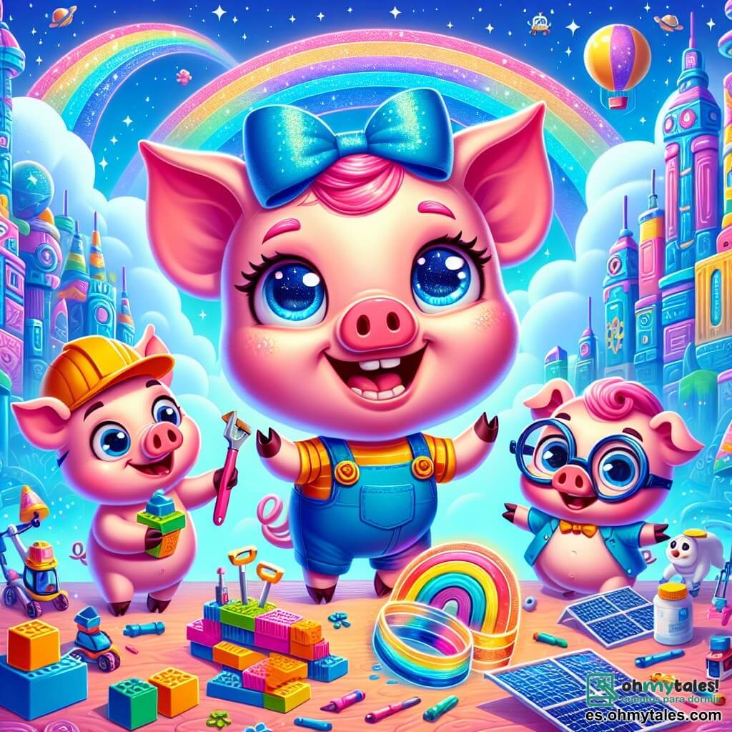En el centro de la imagen, Rosita, una pequeña cerdita con un bonito lazo azul en la oreja, sonríe con entusiasmo. Tiene un pelaje rosa brillante y ojos llenos de determinación. Sostiene herramientas coloridas con sus pequeñas patas, lista para construir su casa de plástico reciclado. A su derecha, Gordi, un cerdo regordete con una gorra roja, baila alegremente mientras manipula paneles solares brillantes. Sonríe radiante y tiene mejillas rosas. A la izquierda, Listillo, el más pequeño de los cerdos, con gafas redondas y una pequeña chaqueta de ingeniero, está inclinado sobre un montón de ladrillos inteligentes, con ojos brillantes de emoción. El fondo es una ciudad futurista, con edificios de formas extrañas y coloridas, árboles con luces de arcoíris y coches voladores que flotan en el cielo azul. En primer plano, los tres cerdos están rodeados de materiales de construcción brillantes, mientras que cometas en forma de cerdo flotan en el aire. La escena principal muestra a Rosita, Gordi y Listillo trabajando juntos, riendo y creando un mundo donde cada uno puede ser quien quiera, llenos de energía y alegría.