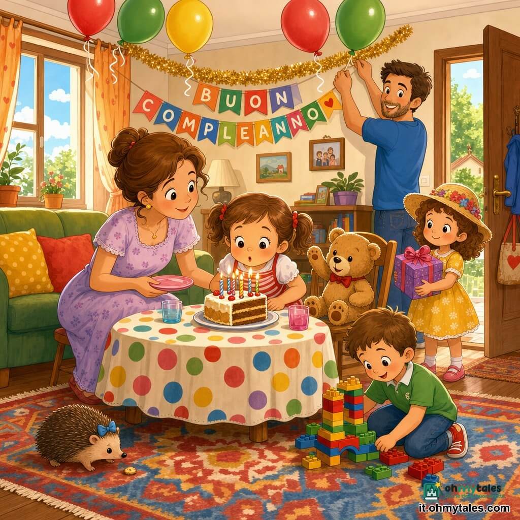 Sofia, bambina di 4 anni dal viso rotondo e occhi brillanti, capelli castani a codini, sorriso gioioso, indossa un grembiule a righe bianche e rosse e soffia le candeline su una fetta di torta; la mamma, donna adulta con capelli castani raccolti e abito pastello, tiene un piattino accanto al tavolo a sinistra con sguardo tenero e postura protettiva; il papà, uomo adulto con barba corta e maglietta blu, sistema ghirlande colorate dietro il tavolo a destra, sorridente e occupato; Viola, bambina di circa 4 anni con cappellino a fiori e vestito giallo, tiene un regalo con grande fiocco vicino alla porta, curiosa, in piedi accanto a Tommaso; Tommaso, bambino di circa 5 anni con capelli corti e polo verde, accovacciato sul tappeto davanti al tavolo con mattoncini giocattolo, guarda la torre; Pepe, piccolo orsacchiotto marrone chiaro seduto su una sedia vicino a Sofia, zampa alzata come per applaudire; il ricciolino, minuscolo riccio dal pelo bruno con un fiocchetto azzurro, sul tappeto vicino alla porta a fiutare una briciola; salotto caldo e luminoso con tavolino coperto da tovaglia a pois colorati, palloncini rossi, verdi e gialli al soffitto, ghirlande dorate, tappeto a motivi e finestre con raggi di sole; scena di festa allegra: Sofia soffia le candeline al centro del tavolo mentre famiglia e amici applaudono, decorazioni festose, espressioni felici, colori vivaci e texture morbide, stile infantile semplice e leggibile.