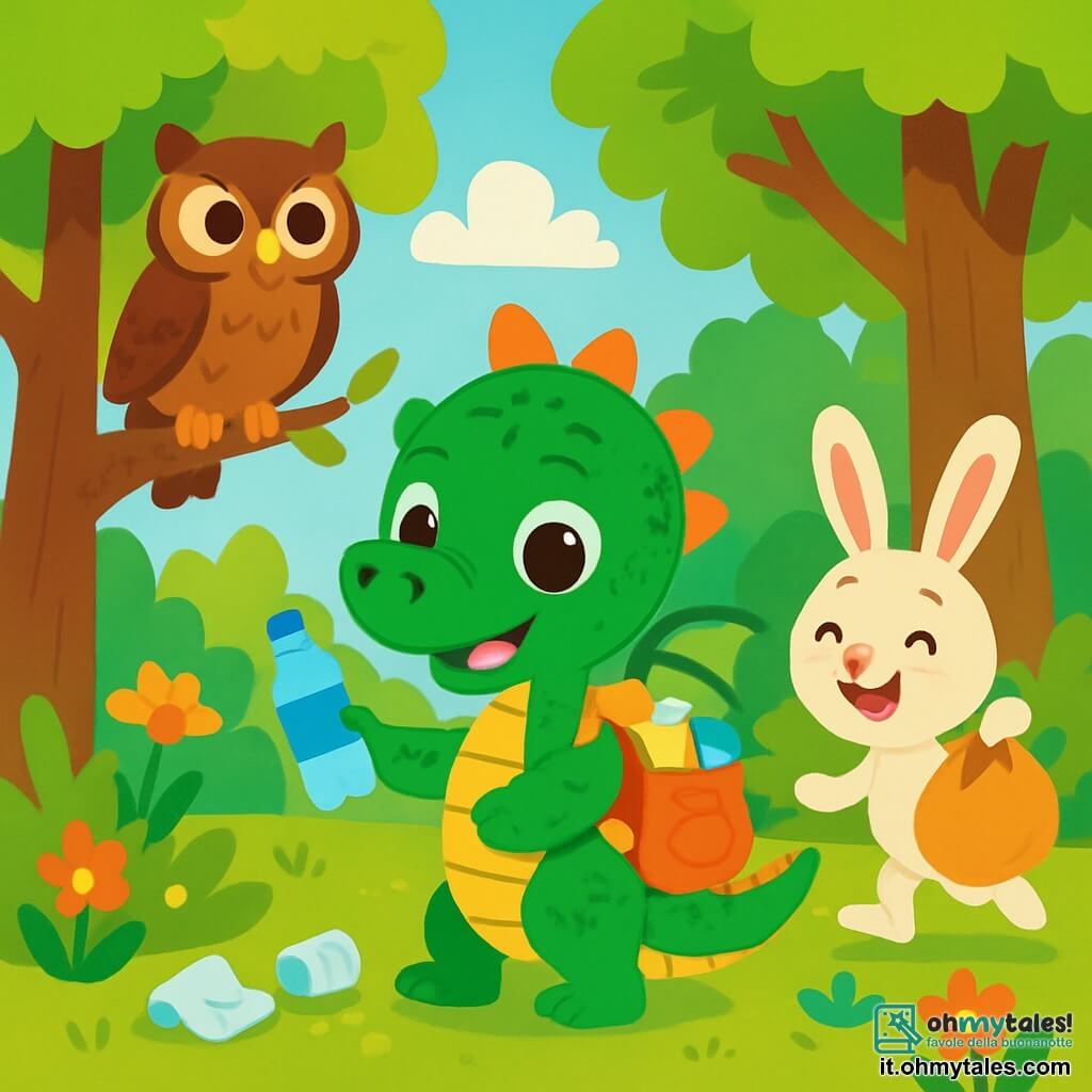 Un piccolo drago verde di nome Bruno, con scaglie brillanti e grandi occhi scintillanti, sorride allegramente mentre raccoglie rifiuti in una foresta soleggiata. Le sue delicate ali sono spiegate e porta uno zainetto pieno di rifiuti colorati. Accanto a lui, una saggia civetta di nome Clara, con piumaggio marrone e occhi rotondi e curiosi, osserva attentamente con un'espressione determinata. Si trova appollaiata su un ramo basso, pronta a dare consigli. Un allegro coniglio di nome Leo, con grandi orecchie e pelliccia bianca, salta intorno a loro ridendo e tenendo un sacco pieno di rifiuti. La scena si svolge in una foresta lussureggiante, con alberi alti e foglie verdi brillanti, fiori colorati ovunque e un cielo blu chiaro punteggiato di nuvole bianche e soffici. Bruno, Clara e Leo lavorano insieme per pulire la foresta, raccogliendo bottiglie e carta, mentre ridono e si incoraggiano, mostrando l'importanza di prendersi cura della natura.