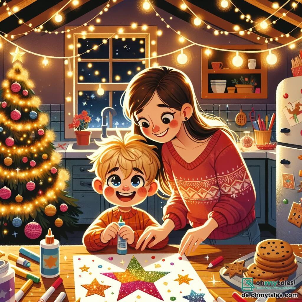 Ein kleiner Junge von 3 Jahren, Max, mit zerzausten blonden Haaren und strahlenden Augen, bastelt an einem großen bunten Weihnachtsstern. Er lächelt breit, seine rosigen Wangen verraten seine Aufregung, während er mit Filzstiften und glitzerndem Papier an einem Holztisch arbeitet. Seine Mutter, eine etwa 30-jährige Frau mit langen braunen Haaren und einem festlichen roten Pullover, steht ihm zur Seite und ermutigt ihn mit einem warmen Lächeln. Sie hält eine Tube Kleber in der Hand, bereit, ihm beim Abschluss des Projekts zu helfen. Die Szene spielt in einer gemütlichen Küche, dekoriert mit Lichtern und Weihnachtsplätzchen auf der Theke. Ein großer, beleuchteter Weihnachtsbaum mit bunten Kugeln steht in einer Ecke und verleiht der Atmosphäre einen magischen Touch. Max versteckt seinen Weihnachtsstern im Kühlschrank und lacht über die Überraschung, die er für seine Eltern vorbereitet. Die Stimmung ist fröhlich und festlich, erfüllt von lebhaften Farben und funkelndem Licht, das die Magie von Weihnachten hervorruft.