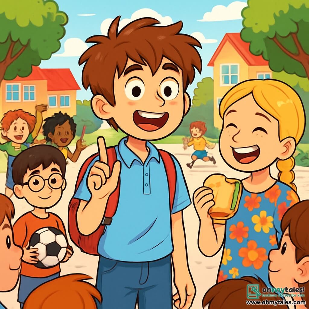 A 12-year-old boy named Oliver, with messy brown hair and curious bright eyes, stands at the center of the scene, a wide smile on his face, showing his excitement and nervousness. He wears a light blue school uniform with a red backpack on his shoulder. Next to him is a 12-year-old girl, Emma, with braided blonde hair in a colorful floral dress, laughing joyfully while holding a sandwich. A 12-year-old boy, Lucas, with round glasses and black hair, stands slightly back, smiling and holding a soccer ball, ready to play. The scene takes place in a lively schoolyard, surrounded by tall trees with bright green leaves and colorful school buildings in the background. Children play and laugh around them, creating a joyful and welcoming atmosphere. Oliver and his friends are playing a game of "Two Truths and a Lie," sharing funny anecdotes, surrounded by curious classmates who listen attentively, creating a moment of connection and camaraderie.