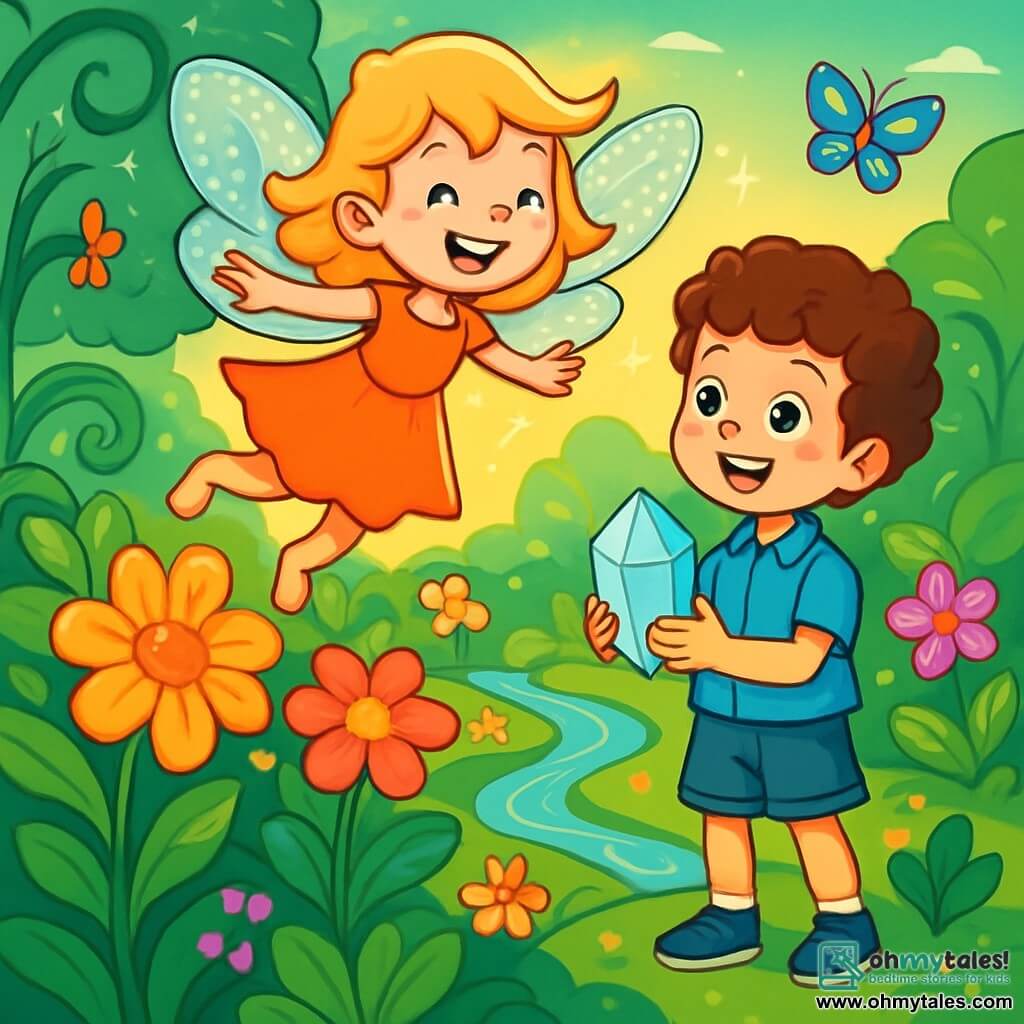 A small fairy named Luna, with shimmering wings like dewdrops, joyfully flies above an enchanted garden. Her face is lit up by a broad smile, her eyes sparkle with excitement, and her golden hair floats around her like rays of sunlight. Next to her, Oliver, a ten-year-old boy with curly hair and sparkling eyes, watches in awe the beauty of the colorful flowers blooming around them. He wears a blue shirt and denim shorts, holding a shining crystal in his hands. The garden is a magical place, filled with brightly colored flowers, sparkling vines, and clear streams winding between patches of greenery. Colorful butterflies dance in the air, adding to the fairy atmosphere. The main scene shows Luna and Oliver celebrating the return of magic to the garden, with flowers blooming around them, illuminated by a soft golden light.