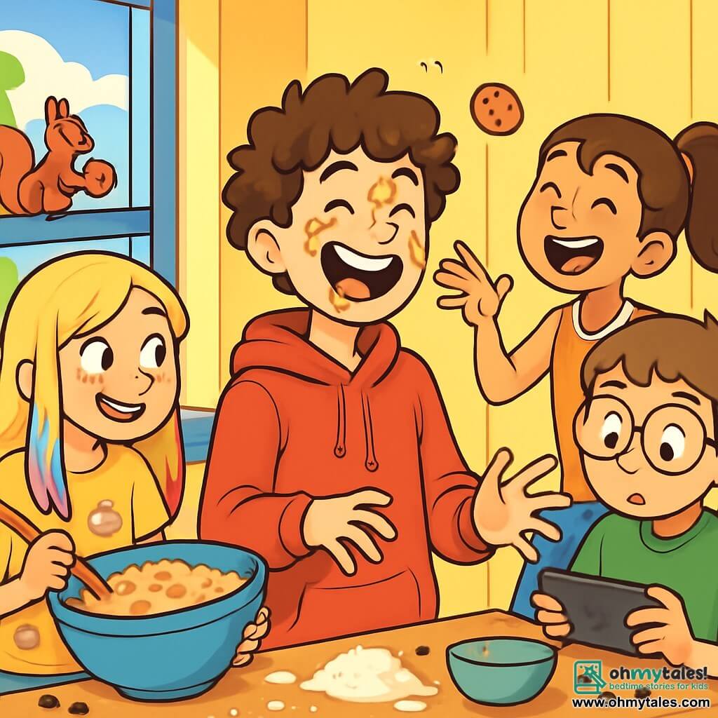 There are 4 children: - Max: a 12-year-old boy, tall and slim, with messy curly hair wearing a red hoodie. He is in the center, laughing out loud after getting cookie dough on his face. - Lily: a 12-year-old girl with long blonde hair and colorful highlights, wearing a t-shirt with cake designs. She is on the left, holding a bowl of cookie dough with a mischievous smile. - Theo: a 12-year-old boy, small and round, with glasses that magnify his curious eyes. He is on the right, holding an electronic gadget, watching the scene with a focused expression. - Mia: a 12-year-old girl, athletic with brown hair in a ponytail, wearing a sports jersey. She is behind Max, laughing while trying to catch a flying cookie. The setting is a sunny kitchen with bright yellow walls and open windows letting in light. Scattered ingredients like flour, chocolate chips, and colorful bowls create a cheerful and chaotic atmosphere. The main scene shows the children joyfully preparing cookies, while a curious little squirrel watches from the windowsill, holding a cookie in its paws.
