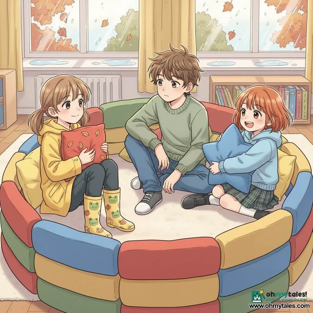 Three friends in a cozy school playroom: Mia, 8, with light brown hair in two braids, wearing a bright yellow raincoat and frog rainboots, sits left in a round cushion fort holding a red pillow decorated with gold leaves and smiling gently; Oliver, 9, with messy brown hair, sage green sweater and jeans, sits center, leaning forward with a thoughtful but calm expression, holding the hand of a shy girl and looking out through a gap in the cushions; Sophie, 8, with short red hair and bangs, wearing a sky-blue sweatshirt and plaid skirt, sits right laughing and hugging a large blue star-shaped cushion while nudging another pillow to reinforce the fort. The bright, warm playroom has a cream rug, large rain-speckled windows showing autumn leaves and small puddles on the sill, stacks of books and light wood shelves in the background, and soft afternoon light creating a comforting, supportive atmosphere.