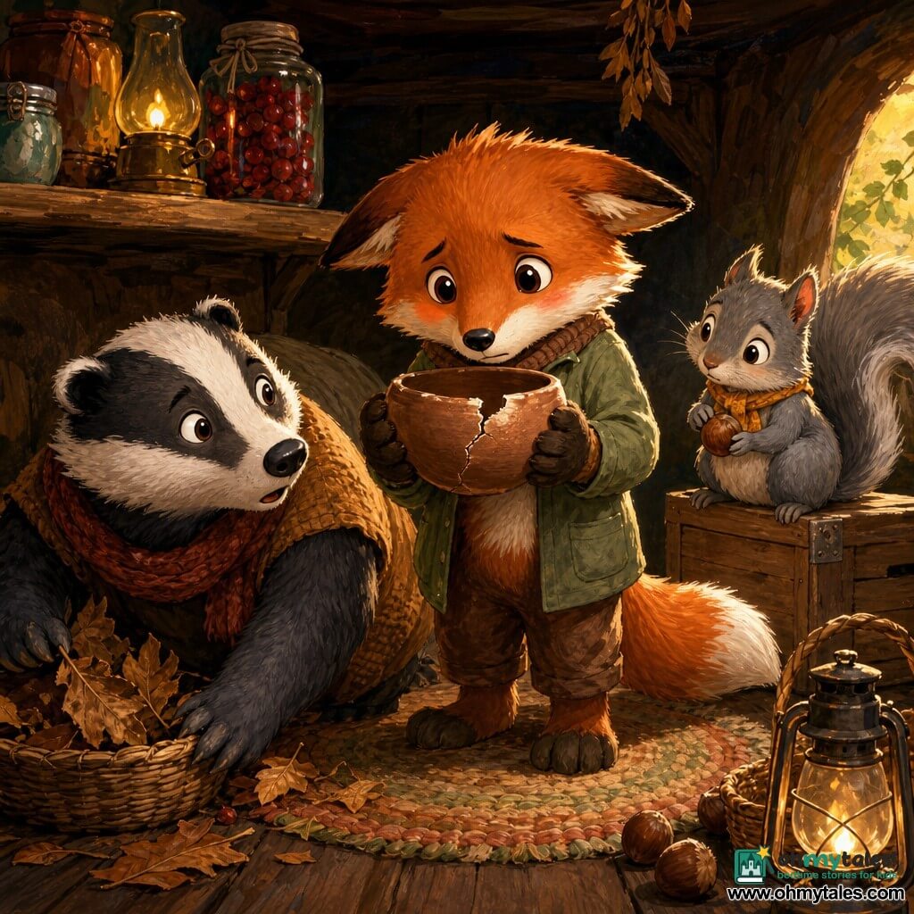 A young red fox (main character) with slightly drooping ears, large bright eyes and slightly flushed cheeks carefully holds a cracked clay bowl against his chest. A plump calm brown-and-white badger named Hazel crouches left, sorting dry leaves and looking at the fox with gentle surprise. A small grey squirrel called Pip perches on a crate to the right, head tilted, holding a hazelnut and watching the cracked bowl with curiosity. The warm den interior has dark wooden floors, a woven rug, shelves of jars with red berries and golden oil lamps, warm light falling diagonally. The scene centers on the clay bowl with a clear crack and a small chip on the rim, a quiet tension between the animals in the moment just after it slipped, emphasizing their expressions and the gleaming fissure.