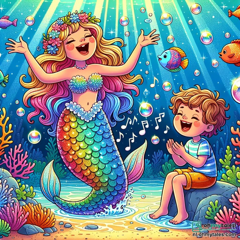 Een blije zeemeermin met glinsterende schubben in regenboogkleuren en lange golvende haren zwemt in een sprankelende zee. Haar gezicht straalt van geluk terwijl ze zingt met een zachte, melodieuze stem, omringd door kleurrijke bubbels die om haar heen dansen. Naast haar zit een 8-jarig jongetje, genaamd Wobbel, met krullend haar en een stralende glimlach, die de zeemeermin met verwondering observeert. Hij draagt een gestreept t-shirt en een kleurrijke short, en zit op een rots met zijn voeten in het water, klaar om te applaudisseren voor de mooie melodie. Achter hen ontvouwt zich een betoverend onderwaterlandschap: kleurrijke koralen, vrolijk zwemmende vissen met heldere patronen, en zonnestralen die door het wateroppervlak filteren, waardoor een magisch lichtspel ontstaat. De hoofdscène toont de zeemeermin die met passie zingt, terwijl Wobbel, gefascineerd, applaudisseert en lacht, omringd door zeedieren die op de maat van het lied dansen, wat een sfeer van vreugde en vriendschap creëert.