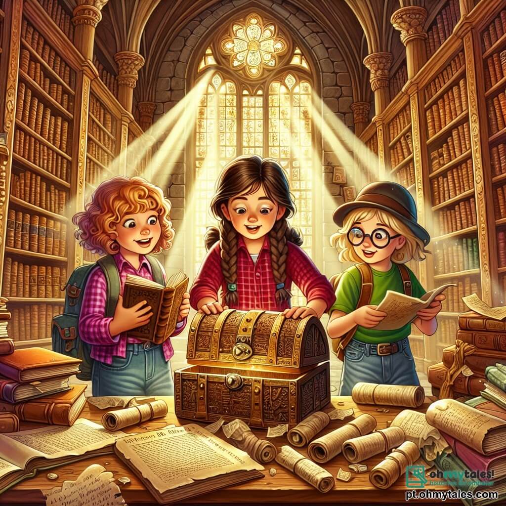 No centro da imagem, três meninas de cerca de 10 anos estão em plena exploração. Ana, com cabelos castanhos e cacheados, usa uma camisa xadrez vermelha e um short de jeans, segurando um velho livro aberto. À sua direita, Clara, com cabelos loiros trançados e óculos redondos, está inclinada sobre um antigo jornal, seus olhos brilhando de curiosidade. À esquerda, Beatriz, com cabelos castanhos lisos, usa uma camiseta verde e um chapéu de detetive, examinando atentamente um mapa amarelado que segura à sua frente. O ambiente é uma biblioteca antiga, com grandes estantes de madeira cheias de livros empoeirados. Raios de luz filtram através das janelas com vitrais coloridos, iluminando a cena com uma atmosfera mágica. Rolos de pergaminho e objetos antigos estão espalhados sobre a mesa de madeira onde elas estão. A cena principal mostra as meninas descobrindo um antigo tesouro: uma caixa de madeira adornada com padrões delicados, meio enterrada sob livros. Elas estão fascinadas pela descoberta, com os rostos iluminados de excitação e maravilha, prontas para desvendar o mistério que as aguarda.