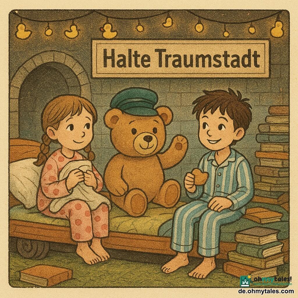 Es gibt drei Figuren: Lilli, ca. 6 Jahre, hellbraune Haare zu zwei Zöpfen, rosa gepunkteter Schlafanzug, sitzt links auf einem Bett-wagen und hält eine kleine Decke; Jonas, ca. 7 Jahre, braune zerzauste Haare, blau-weiß gestreifter Schlafanzug, sitzt rechts, hält einen halben Keks und lächelt; dazwischen ein kissengroßer hellbrauner Teddybär mit grüner Bahnhofsvorstehermütze, der wie zum Gruß wirkt. Schauplatz: ein Bahnsteig aus großen aufgestapelten Kissen und Bücherstapeln, ein weicher Teppich wie Gras, Badeenten-Laternen an der Decke, eine Lichterkette mit warmen gelben Glühbirnen und im Hintergrund eine geflieste Tür als Tunnel. Situation: Der Bett-wagen hält an der Halte Traumstadt, die Kinder steigen auf den Kissenbahnsteig, Krümel auf den Pyjamas, warme diffuse Beleuchtung, gemütliche, fröhliche Atmosphäre; sichtbare Details: goldene Krümel, weiche Plüschtexturen, Stofffalten und Lichtreflexe auf den Buchseiten.