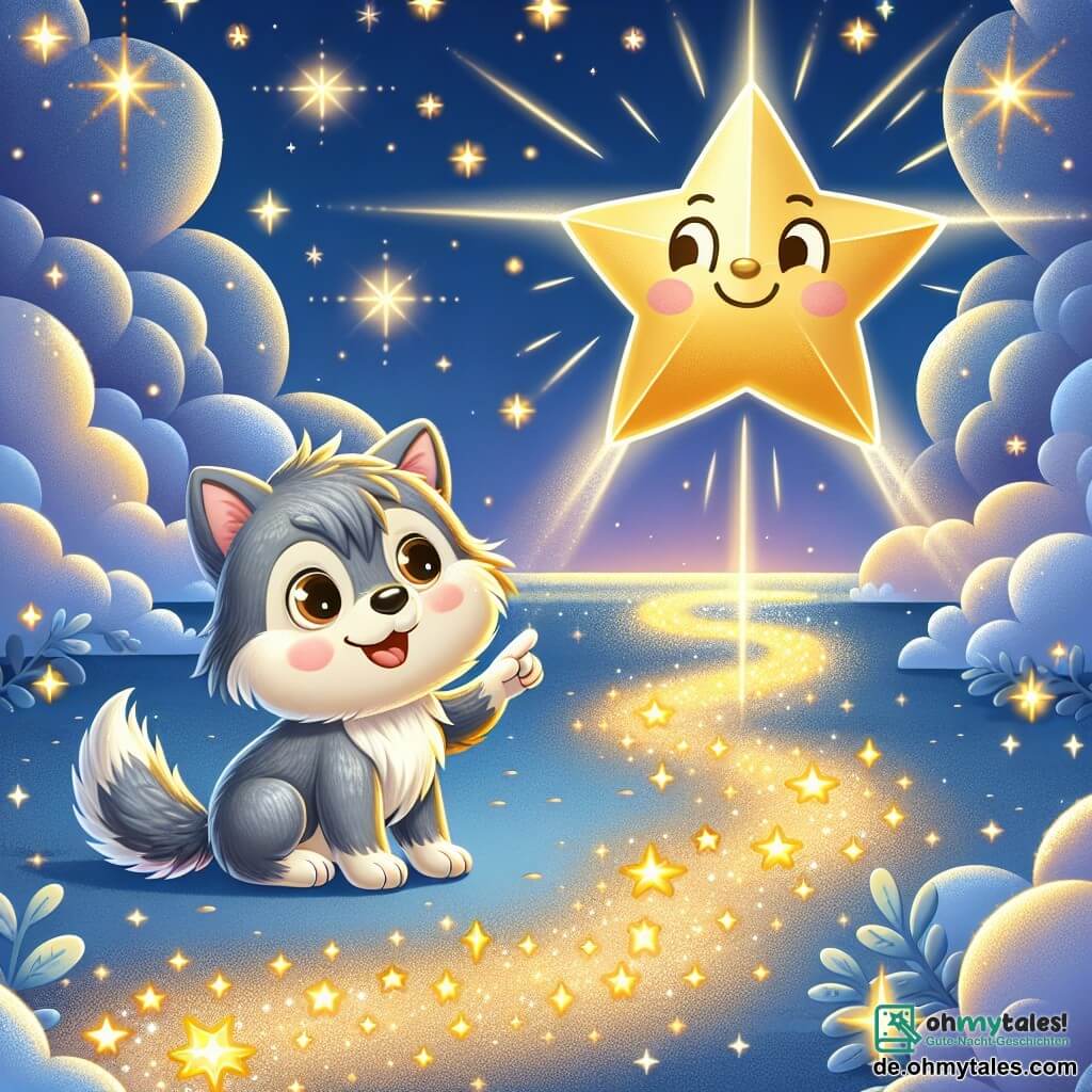 Ein kleiner silberner Wolf mit einem fröhlichen Lächeln und funkelnden Augen steht auf einem glitzernden Weg unter einem sternenklaren Himmel. Er schaut fasziniert auf einen leuchtenden Weg, der sich durch die Sterne schlängelt, seine zarten Pfoten berühren sanft den sternenbedeckten Boden. Neben ihm schwebt ein großer, strahlender und lächelnder goldener Stern in der Luft, der den Weg erhellt. Der Stern wirkt glücklich und ermutigend, zeigt mit seinen Strahlen auf den Wolf, als wolle er ihn einladen, weiterzugehen. Die Szene ist eine magische nächtliche Landschaft mit einem tiefen Himmel, der mit leuchtenden Sternen übersät ist, und einem glitzernden Weg, der aus Sternenstaub zu bestehen scheint, umgeben von sanften, wolkigen Wolken. Die Hauptsituation zeigt den kleinen Wolf und den Stern, die sich darauf vorbereiten, gemeinsam den Weg der Sterne zu beschreiten, was den Beginn eines Abenteuers voller Träume und Entdeckungen symbolisiert.