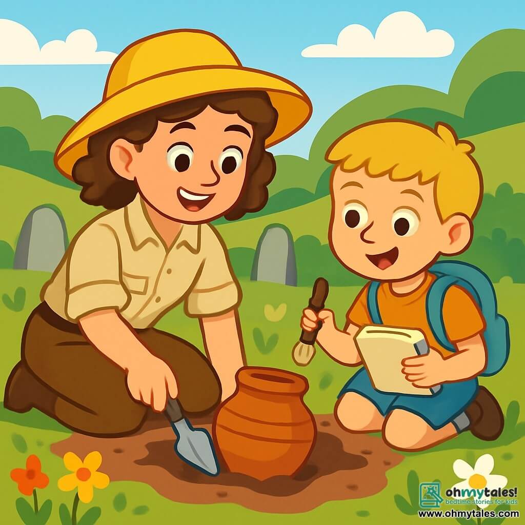 Dr. Penny, a smiling woman with curly brown hair, wears a bright yellow sun hat and a beige blouse. She is crouched down, her face lit up with excitement, delicately unearthing an ancient terracotta pot with her small trowel. Next to her, an 8-year-old boy, her assistant, with blonde hair and sparkling eyes, watches with curiosity, holding a brush and a notebook. They are on a lush archaeological site, surrounded by rolling hills, colorful wildflowers, and large stones arranged in a circle. The scene depicts Dr. Penny discovering hidden treasure, while the boy, amazed, takes notes on their findings, filled with enthusiasm for the archaeological adventure.