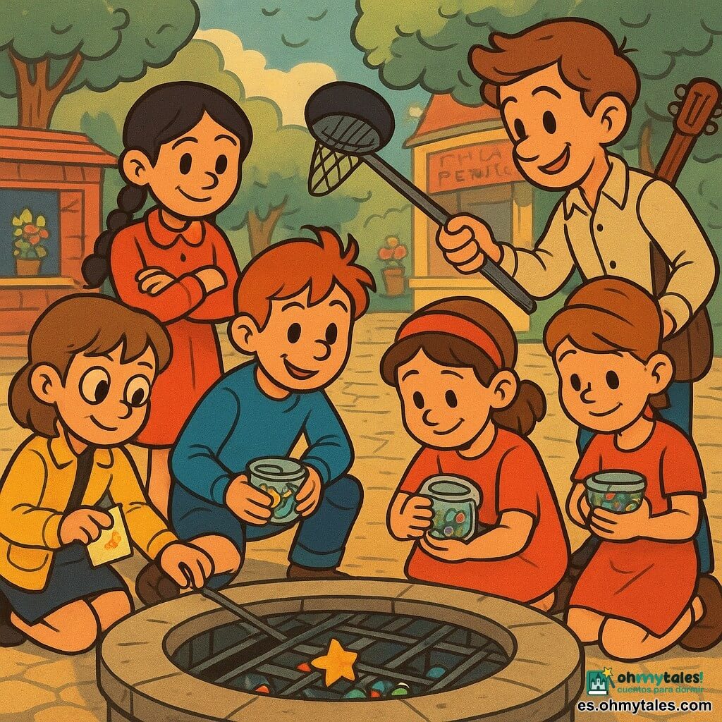 Seis personajes: Luna, niña ~10 años, pelo castaño corto, ojos curiosos, chaqueta amarilla, agachada junto a la fuente sosteniendo un papel con una estrella dorada; Nico, niño ~9 años, pelo pelirrojo despeinado, sudadera azul, rodillera, arrodillado a la derecha contando canicas y con una cajita transparente; Sara, niña ~10 años, trenza negra, blusa roja, brazos cruzados pero sonriente, de pie detrás vigilando la rejilla; Tomás, niño ~11 años, cabello castaño claro, gafas redondas, ropa verde, inclinado con una linterna a la izquierda iluminando el interior; Vera, niña ~9 años, pelo recogido con cinta roja de estrellas, vestido sencillo, de rodillas junto al quiosco abrazando una caja de canicas, aliviada; Marcos, joven ~18 años con guitarra al hombro, camisa clara, sostiene una pequeña red metálica sobre la rejilla ayudando a sacar las canicas. Lugar: pequeña plaza empedrada al sol con fuente circular de piedra y rejilla metálica cuadrada entreabierta, bancos, quiosco de madera, árboles y macetas, gotas de agua brillando. Situación: la rejilla se levanta justo cuando aparecen canicas de colores y una pequeña estrella plástica dorada; los niños colaboran (uno alumbra, otro recoge, el adulto usa la red), ambiente ligero y alegre, colores vivos (azul, rojo, amarillo, verde), sombras suaves, estilo cartoon retro con líneas suaves y expresiones exageradas.