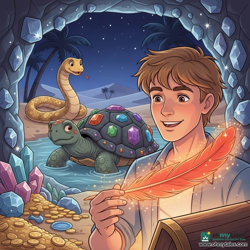 A young man (about 18) with an open face and messy light brown hair, amazed and brave with a slight smile, delicately holds a glowing red-orange phoenix feather emitting a warm glow and golden sparks; behind him a giant guardian turtle (non-human) emerges from the oasis, its gem-studded shell sparkling and bearing a wise, benevolent expression as it watches a few steps to his left; a sand serpent (non-human) coils on a dune in the background with shimmering golden scales and a playful, friendly gaze; the hidden cave opens onto a night oasis with crystal walls reflecting thousands of prisms, piles of gold coins and jewels on the ground, dark palms against a starry sky and silver dunes in the distance; the hero has just found the legendary feather in an open chest, the feather lights his face and casts red-gold reflections on the crystals and turtle shell; magical, warm, triumphant atmosphere, saturated colors, strong contrasts, ligne claire style with soft textures and rounded contours for a 1990s childlike look.