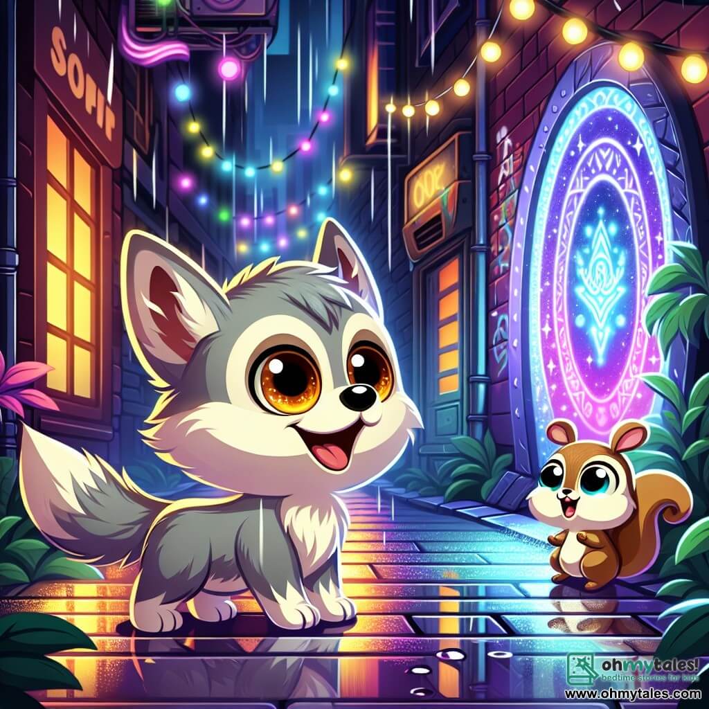 An illustration depicts a small silver-furred wolf with large, curious amber eyes, standing in the center of a dark, colorful alley, amazed by a shimmering portal in front of him, his ears perked and tail wagging with excitement. Beside him, a small light brown squirrel with a bushy tail and bright eyes jumps joyfully, wearing a wide smile, eager to explore and looking at the wolf with overflowing energy. The scene takes place in a narrow alley of Silverpine, where walls are covered in colorful graffiti and neon lights create a magical atmosphere, with raindrops glistening on the ground, reflecting the bright lights. The main focus shows the wolf and squirrel discovering a mysterious portal leading to a fantastical world, their expressions a mix of wonder and anticipation. Additional graphic elements include bursts of light from the portal, swirling leaves in the air, and shadows of fantastical creatures on the walls, adding a touch of mystery and adventure to the illustration.