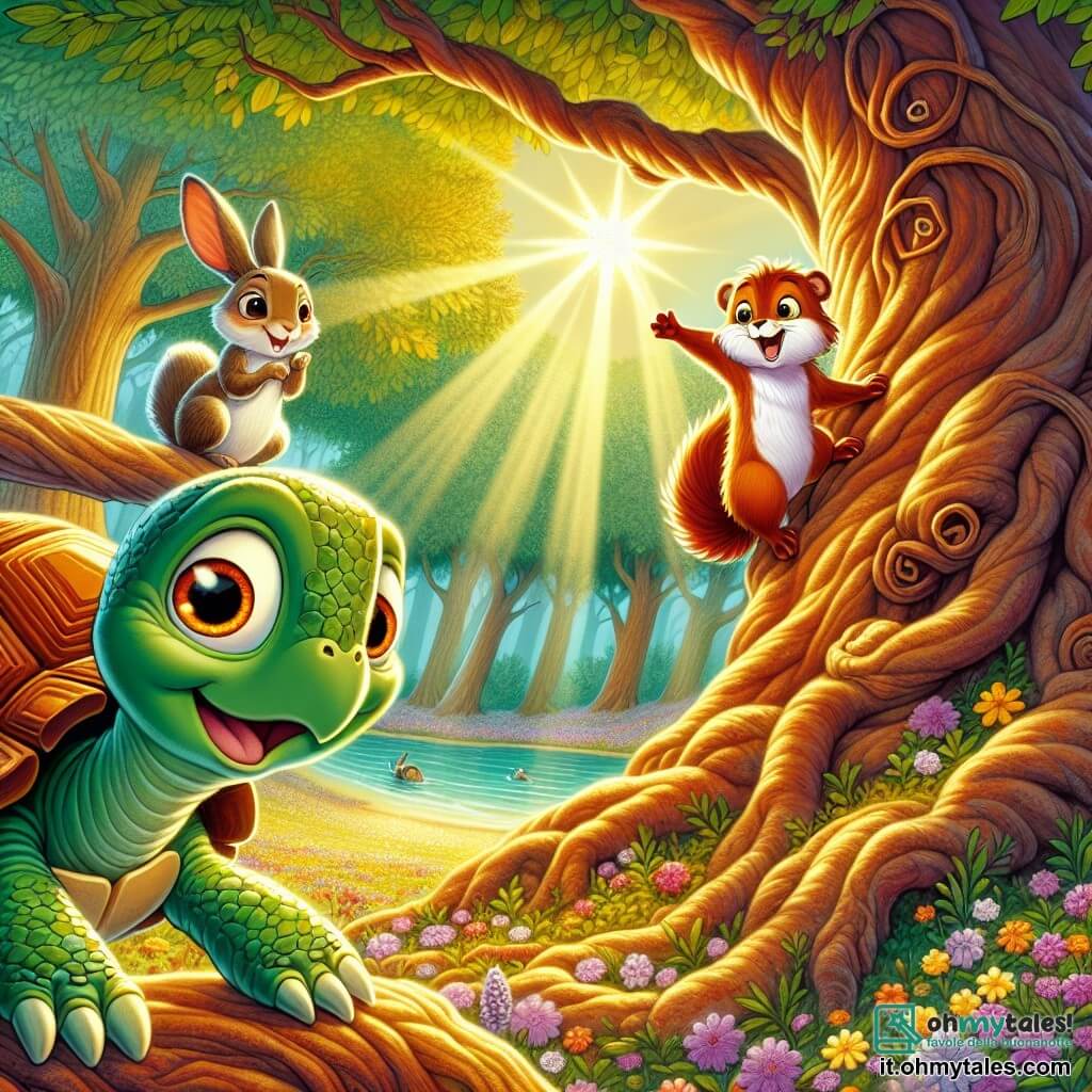 Una piccola tartaruga di nome Tito, con un bel guscio lucido dai colori vivaci, si trova al centro della scena, con gli occhi spalancati per lo stupore e un sorriso gioioso sul volto. Accanto a lui, uno scoiattolo vivace di nome Nino, con il pelo rosso e occhi scintillanti, si arrampica su un ramo basso, ridendo e agitando una zampetta. Più lontano, una lepre agile di nome Lilla, con grandi orecchie e pelliccia beige, salta gioiosamente intorno a loro, pronta a unirsi all'avventura. Lo scenario è un radura incantata, circondata da alberi maestosi con tronchi spessi e fogliosi, dove i raggi del sole filtrano tra le foglie, creando riflessi di luce dorata sul terreno coperto di fiori colorati. Al centro, un grande albero antico, con radici contorte, ospita una stella scintillante che brilla di una luce dolce e calda. La scena principale mostra Tito, Nino e Lilla, meravigliati dalla scoperta della stella magica, riuniti in una posa di curiosità ed eccitazione, pronti a esplorare i misteri rivelati dal libro antico.