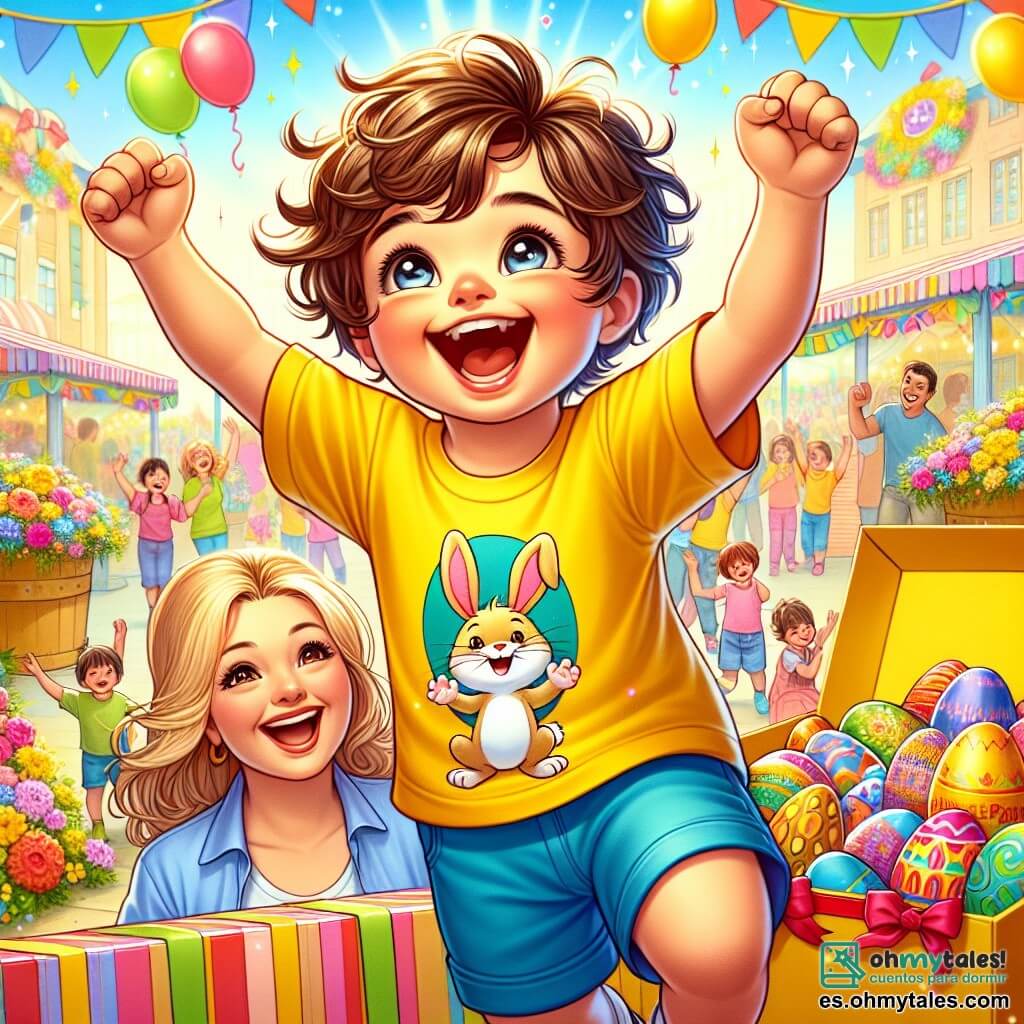 Un niño de 4 años llamado Lucas, con cabello castaño desordenado y ojos brillantes de alegría, está saltando de felicidad frente a una gran caja decorada con cintas coloridas. Lleva una camiseta amarilla brillante con un pequeño conejo dibujado y un pantalón corto azul. A su lado, su mamá, una mujer sonriente de unos 30 años, con cabello largo y rubio, lo anima levantando los brazos, llena de entusiasmo. Al fondo, se ve un gran mercado de Pascua, lleno de puestos coloridos con huevos decorados, flores brillantes y niños que juegan y ríen. La escena transmite una atmósfera festiva y alegre, con globos flotantes y guirnaldas de colores vivos. Lucas, con los ojos brillantes de emoción, acaba de descubrir el famoso huevo de Pascua dorado, símbolo de magia y sorpresas, en medio de esta animada fiesta.