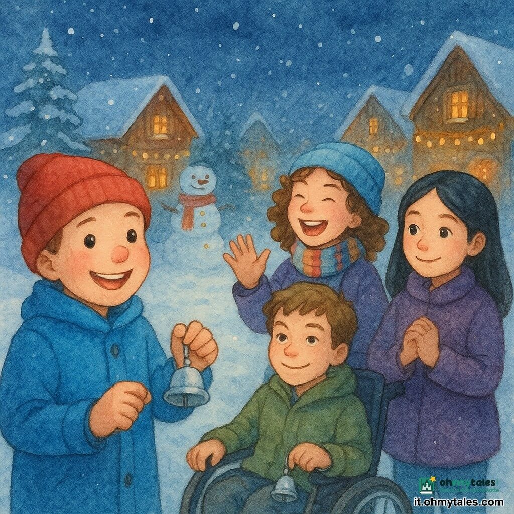 Ci sono quattro bambini: Leo, ~9 anni, viso rotondo, guance molto rosate, berretto rosso e cappotto blu brillante, in primo piano a sinistra che agita un piccolo campanellino d'argento sorridendo; Sara, ~9 anni, capelli castani ricci, berretto azzurro e sciarpa a righe, a destra di Leo che ride imitando il canto di un uccello; Mattia, ~10 anni, capelli castano chiaro, giacca verde, seduto su una sedia a rotelle centro-sinistra che agita un campanellino e guarda gli amici con malizia; Viola, ~9 anni, capelli neri lisci, cappotto viola, leggermente dietro Mattia a centro-destra, mani giunte e sorriso dolce. Ambientazione: una piccola piazza di paese sotto neve fresca, case di legno con tetti innevati, finestre decorate da ghirlande di luci dorate e un grande pupazzo di neve sullo sfondo; rami di abete imbiancati, tracce di passi nella neve e un fuoco lontano che diffonde una luce aranciata. Situazione: i quattro tornano al villaggio facendo tintinnare campanellini d'argento che richiamano gli abitanti fuori dalle case; atmosfera gioiosa e calda, risate sui volti, colori tenui e texture acquerellate, luce fredda notturna contrastata dalle luci calde delle lampade e del fuoco.