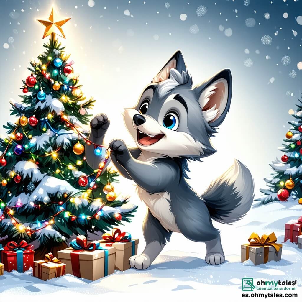Un pequeño lobo llamado Lulú, con un pelaje suave y gris, ojos brillantes de alegría y una gran sonrisa, está decorando un hermoso árbol de Navidad. Sostiene una guirnalda colorida en sus patas, irradiando emoción y felicidad. A su lado, su mejor amiga Lía, una pequeña loba de pelaje marrón claro y ojos brillantes, salta de alegría sosteniendo una estrella dorada para colocar en la cima del árbol. Ella tiene una sonrisa radiante y parece llena de energía, lista para celebrar. El escenario es un cálido orfanato, con paredes de madera y ventanas iluminadas por luces centelleantes. El suelo está cubierto de nieve, y copos caen suavemente afuera, creando una atmósfera mágica. La escena principal muestra a Lulú y Lía, rodeados de decoraciones coloridas, riendo y compartiendo momentos alegres, ilustrando el espíritu navideño y la amistad en un entorno encantador.