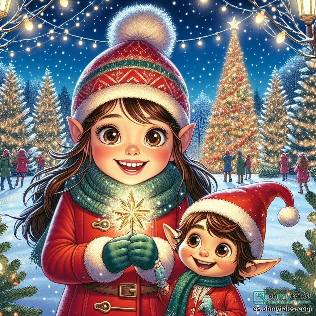 Una niña de 9 años, Clara, con largos cabellos castaños y ojos llenos de curiosidad, se encuentra en el centro de la escena, sonriendo y llena de entusiasmo. Lleva un abrigo rojo brillante, una bufanda de lana y guantes a juego, sosteniendo una estrella dorada brillante en sus manos. A su lado está Tico, un pequeño duende de piel verde y orejas puntiagudas, que parece un niño a pesar de tener alrededor de 100 años en años de duende. Tiene una gran sonrisa y lleva un sombrero puntiagudo adornado con cascabeles, saltando de alegría junto a Clara. El escenario es un hermoso parque nevado, con majestuosos árboles cubiertos de nieve brillante, guirnaldas de luces colgadas en las ramas y un gran árbol de Navidad decorado que brilla a lo lejos. La escena representa a Clara y Tico celebrando la magia de la Navidad, con la luz de la estrella dorada iluminando sus rostros, listos para compartir la alegría de la fiesta con los habitantes del pueblo.