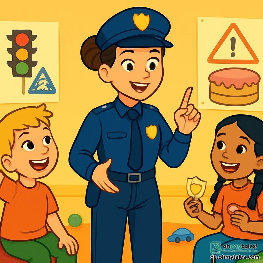 Eine lächelnde Polizistin mit braunen Haaren, die zu einem Dutt gebunden sind, steht im Mittelpunkt des Bildes in einer makellosen marineblauen Uniform. Sie hat funkelnde Augen vor Freude und einen entschlossenen Ausdruck, während sie den Kindern um sie herum etwas erklärt. Ein etwa 8-jähriger Junge mit blonden Haaren hebt begeistert die Hand, seine Augen glänzen vor Aufregung. Ein 9-jähriges Mädchen mit schwarzen Zöpfen hört aufmerksam zu, mit einem großen Lächeln im Gesicht, während es ein kleines Papierabzeichen hält. Die Szene spielt sich in einem hellen, bunten Gemeindezentrum ab, mit gelb gestrichenen Wänden und Verkehrssicherheitsplakaten. Bunte Kissen liegen im Kreis auf dem Boden, und Spielzeuge sind verstreut. Die Hauptsituation zeigt die Polizistin, die eine fesselnde Geschichte über einen Kuchendiebstahl erzählt, während die faszinierten Kinder sich die Abenteuer der Polizei vorstellen.