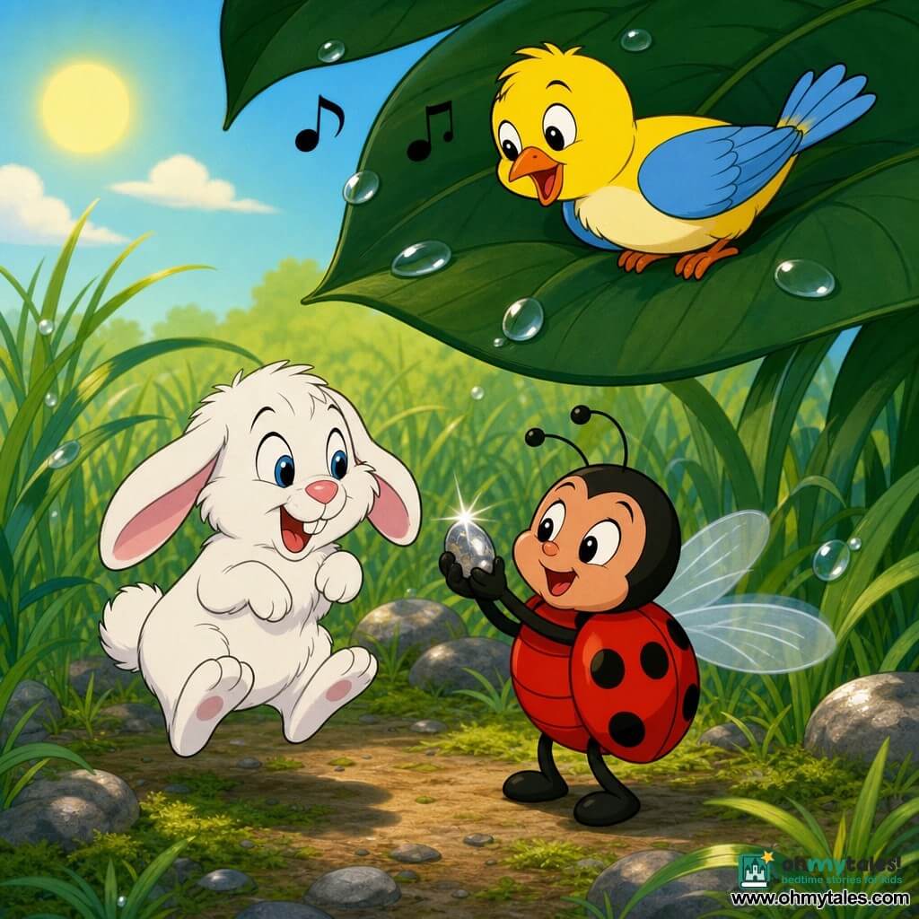 A small red ladybug with black spots, a round smiling face and bright eyes holds a sparkling pebble between its legs; a fluffy white rabbit with floppy ears jumps excitedly to its left while a yellow bird with cream belly and sky-blue wings perches on a large leaf above, singing and looking at the ladybug; they are in a soft green meadow with tall mossy grass, dark green leaves forming a canopy, smooth gray stones and dewdrops glinting in warm, joyful sunlight as the friends celebrate finding the pebble.