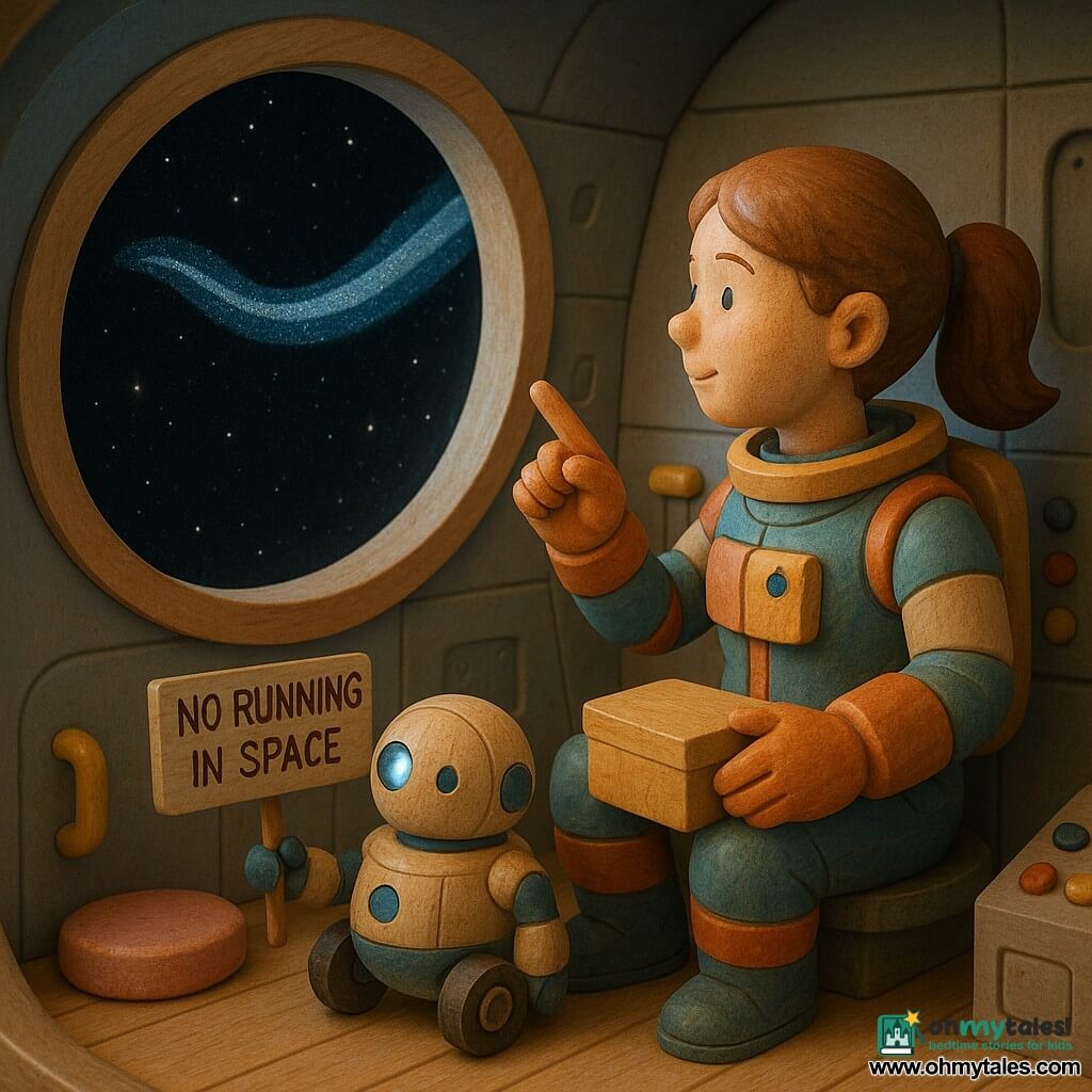 About 30-year-old woman with a gentle face and light brown ponytail, serene and amazed, sits facing a large round window and points toward the sky; she wears a simple colorful spacesuit, holds a small square sensor box on her lap, and beside her is Pip, a small round white-and-blue wooden companion robot with three wheels and a glowing eye holding a "NO RUNNING IN SPACE" sign. The interior is smooth and minimalist with light-gray panels, pastel round cushions, yellow handles, and a control panel with a few colorful buttons. Outside the circular window a long blue-and-silver comet ribbon undulates against a black star background with fine sparkling dust; soft bluish light bathes the scene, conveying calm curiosity and safety.