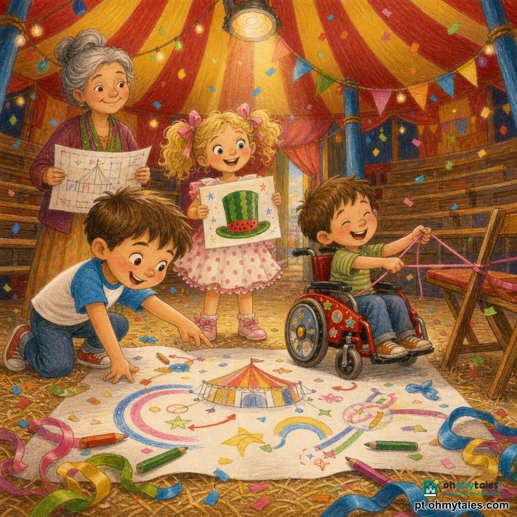 Há quatro personagens: Lucas, menino de 5 anos, cabelo castanho curto, sorriso maroto, à esquerda do grande papel no chão apontando para uma folha gigante cheia de desenhos e lápis coloridos; Dudu, menino de 5 anos, pele clara, cadeira de rodas vermelha com autocolantes, à direita do papel, amarrando uma longa corda rosa entre dois assentos rindo; Clarinha, menina cerca de 6 anos, cabelo loiro com fitas rosas, vestido leve de bolinhas, estilo cantora, atrás de Lucas e Dudu mostrando um desenho de um chapéu melancia; e Dona Zaíra, adulta, cabelo grisalho preso, rosto benevolente, observando a cena por trás com um pequeno plano satisfeito. Local: interior de uma grande tenda de circo colorida (lona listrada vermelha e amarela, postes de madeira azuis, arquibancadas de madeira curvas, iluminação quente, confetes e guirlandas, tapete redondo de palha). Situação: as crianças preparam um mapa de lugares para o espetáculo sobre uma grande folha branca no chão com nomes, setas, lápis e fitas multicoloridas formando arcos, em clima alegre com confetes caindo.