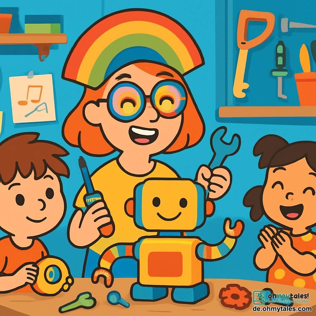 Clara, eine fröhliche Frau mit großen, bunten Brillen und einem Regenbogenhut, lächelt begeistert, während sie Werkzeuge in den Händen hält. Sie arbeitet an einem fröhlichen Roboter mit einem lächelnden Gesicht und bunten Armen. Neben ihr schaut Max, ein 7-jähriger Junge mit zerzausten braunen Haaren, bewundernd zu und hält eine Rolle Klebeband. Etwas weiter applaudiert Lena, ein 6-jähriges Mädchen mit Zöpfen und einem gepunkteten Kleid, aufgeregt und bereit zu helfen. Die Szene spielt sich in einer kleinen, bunten Werkstatt ab, die voller Gadgets, Roboterteile und Zeichnungen an den Wänden ist. Regale quellen über von Spielzeugen und glänzenden Werkzeugen und schaffen eine magische, kreative Atmosphäre. Clara, Max und Lena arbeiten fröhlich zusammen, um einen Roboter zu bauen, lachen und teilen Ideen, während der Roboter zum Leben erwacht, bereit zu singen und mit ihnen zu spielen.
