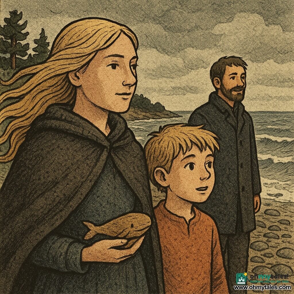 A woman named Solveig, with a serene and determined face, stands on a pebble beach, her long blonde hair blowing in the wind. She wears a thick woolen cape and holds a small wooden whale sculpture in her hand. Beside her, a twelve-year-old boy, Leif, with sandy-colored hair and curious eyes, gazes at the sea with a look of wonder. Behind them, a man named Eirik, in his thirties, stands at a respectful distance, dressed in a dark coat, watching the scene with a thoughtful smile. The beach is lined with sturdy pines, and the ocean stretches endlessly, its gray waves gently breaking on the shore. The sky is covered with low clouds, adding a dramatic atmosphere to the scene. The main focus is on Solveig and Leif sharing a moment of connection, symbolized by the small wooden whale, while Eirik in the background seems to reflect on his own choices.