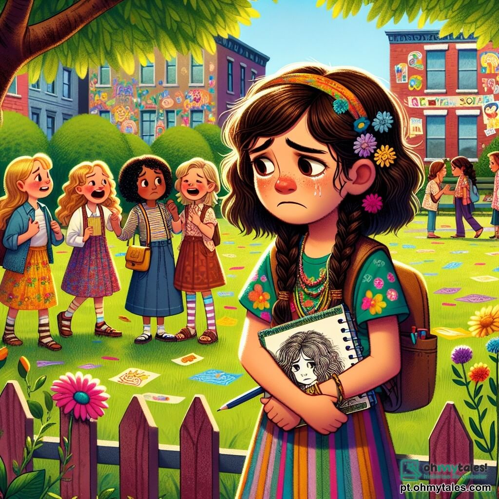 Uma menina de 10 anos, Sofia, com longos cabelos castanhos e óculos redondos, está no centro da imagem. Seu rosto expressa tristeza, com os olhos brilhando de lágrimas, enquanto segura um caderno de desenhos contra o peito. Ela usa uma camiseta colorida e um jeans, e seus sapatos estão ligeiramente desgastados, evidenciando suas muitas aventuras. À sua direita, sua melhor amiga Clara, também de 10 anos, com cabelos loiros e tranças, olha para Sofia com uma expressão de pena. Clara veste um vestido florido e sandálias, estendendo a mão para Sofia, como se a encorajasse a se levantar. Ao fundo, um grupo de meninas, liderado por Raquel, uma menina de 10 anos com cabelos negros e cacheados, está afastado, rindo e cochichando. Elas usam roupas coloridas e parecem ignorar a angústia de Sofia, criando um contraste com a emoção da cena. O local é um pátio escolar ensolarado, cercado por paredes pintadas de cores vivas, com árvores verdes e brinquedos infantis ao fundo. Desenhos de crianças estão pendurados em uma cerca, acrescentando um toque alegre ao ambiente. A situação principal mostra Sofia, isolada e triste, diante da hostilidade de suas colegas, enquanto Clara, sua melhor amiga, tenta oferecer apoio. A ilustração captura o momento delicado em que Sofia sente o peso do bullying, mas também a esperança de uma amizade que pode salvá-la.