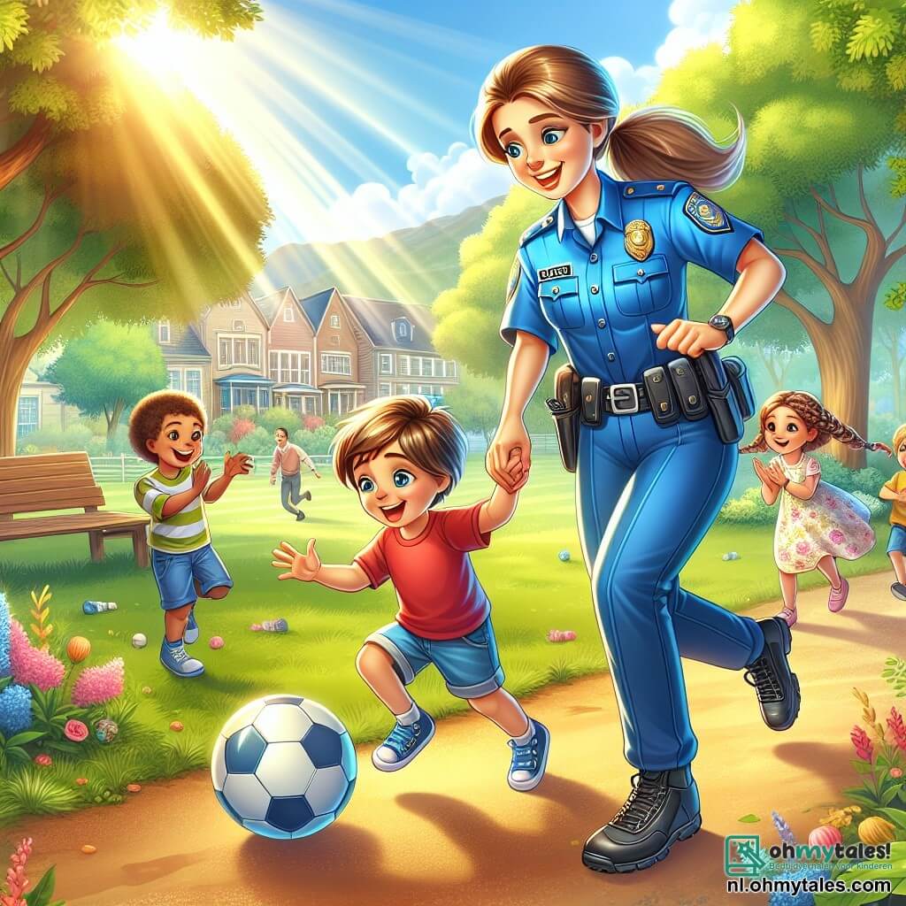 Sophie, een glimlachende vrouwelijke politieagent van ongeveer 29 jaar, draagt een helderblauw uniform met een veiligheidsgordel. Haar gezicht straalt enthousiasme uit terwijl ze met een groep kinderen in een zonnig park met een bal speelt. Onder de kinderen is Sam, een 8-jarig jongetje met rommelig bruin haar en een rode t-shirt. Hij lacht vrolijk terwijl hij probeert de bal te dribbelen die Sophie hem heeft toegespeeld. Een ander kind, een 7-jarig meisje met een mooie vlechten en een bloemenjurk, applaudisseert terwijl ze kijkt, met glinsterende ogen van bewondering. Het park is vol groen, met majestueuze bomen, kleurrijke bloemen en een stralende blauwe lucht. Gezinnen wandelen over de paden en kinderlachjes weerklinken in de lucht. De scène toont Sophie die Sam leert hoe hij met de bal moet spelen, wat de band tussen de politie en de gemeenschap illustreert, terwijl ze een boodschap van veiligheid en vriendschap overbrengt.