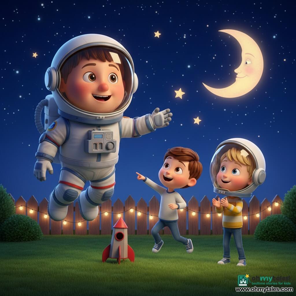 A smiling, amazed astronaut with a round face, big shiny eyes and a silver helmet in a blue-and-white spacesuit floats slightly while reaching for the stars; five-year-old Sam, short brown hair, delighted with mouth open, points at the sky and jumps beside a small red cardboard rocket, while six-year-old Timmy, blond, watches with admiration wearing an oversized plastic helmet and claps; setting: a safe, cozy nighttime garden with soft grass, a small wooden fence, warm string lights and a large smiling moon in a dark blue starry sky; main scene: a joyful, gentle moment of the astronaut showing the stars to the boys playing astronauts, with bright contrasting colors, rounded shapes, smooth textures, warm lighting, a clear centered composition for toddlers; no text, nonviolent, very cute and reassuring.